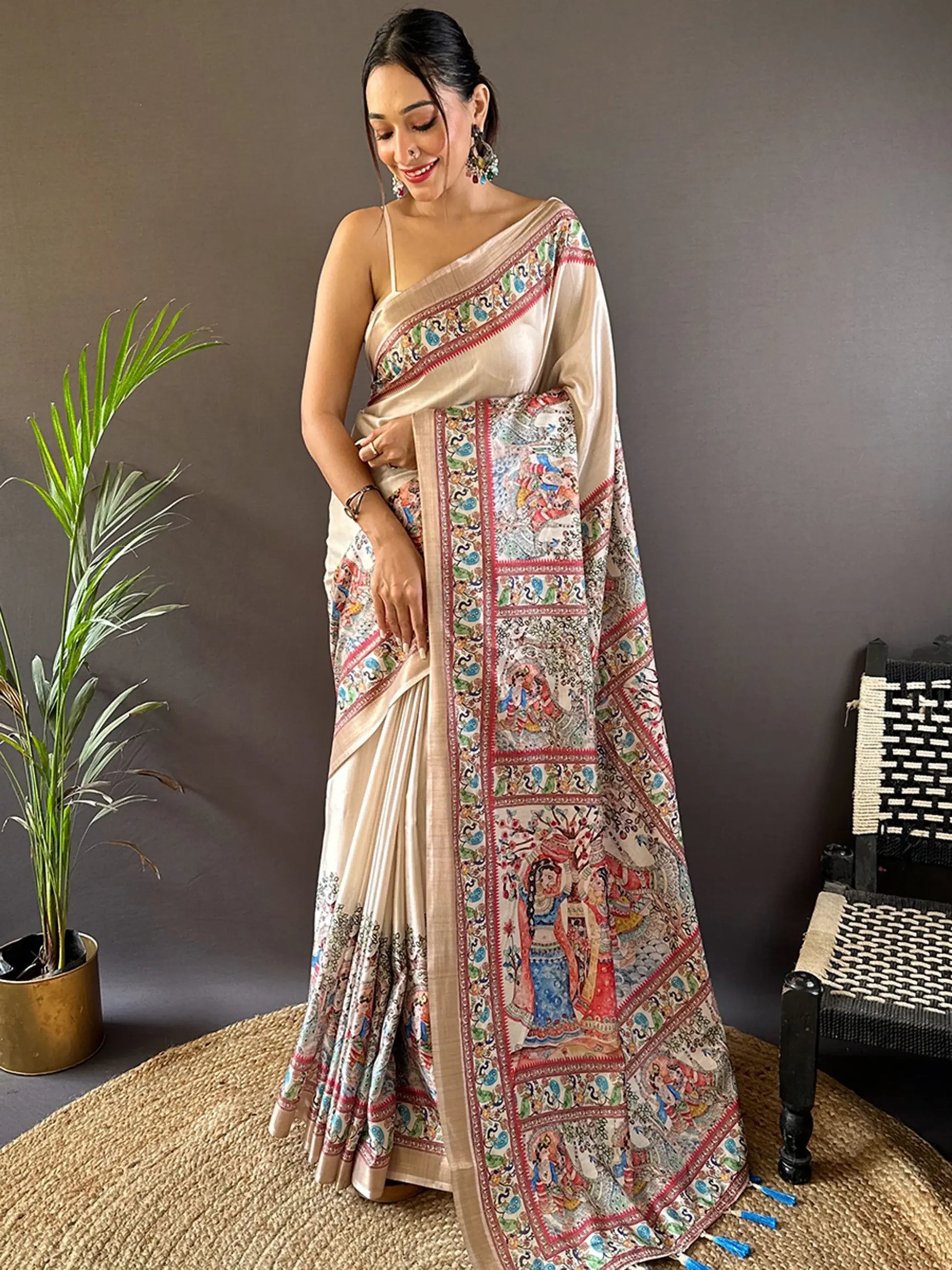 Incredible Cream Madhubani Print Silk Traditional Saree With Blouse - Zeel Clothing