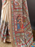 Incredible Cream Madhubani Print Silk Traditional Saree With Blouse - Zeel Clothing