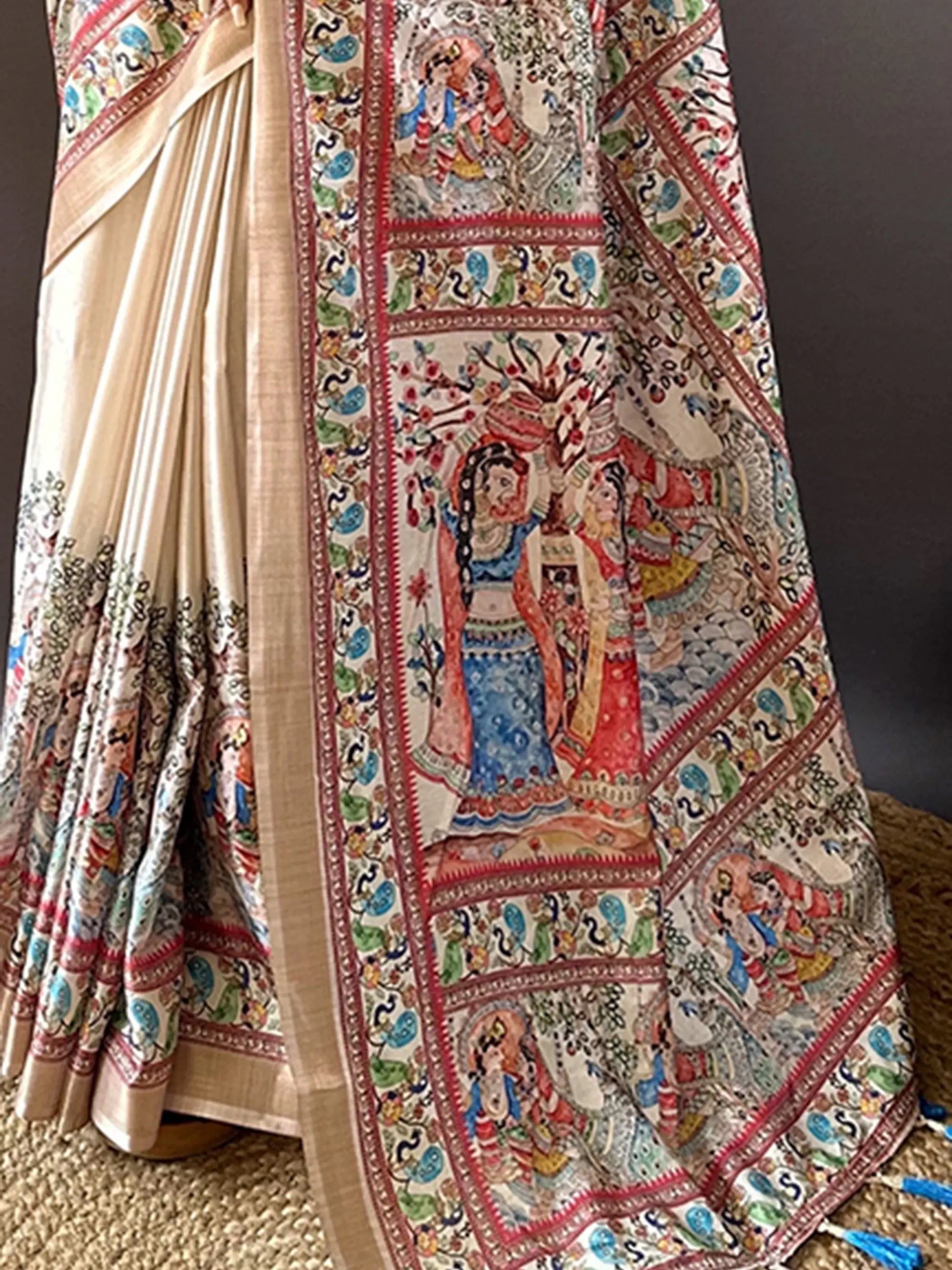 Incredible Cream Madhubani Print Silk Traditional Saree With Blouse - Zeel Clothing