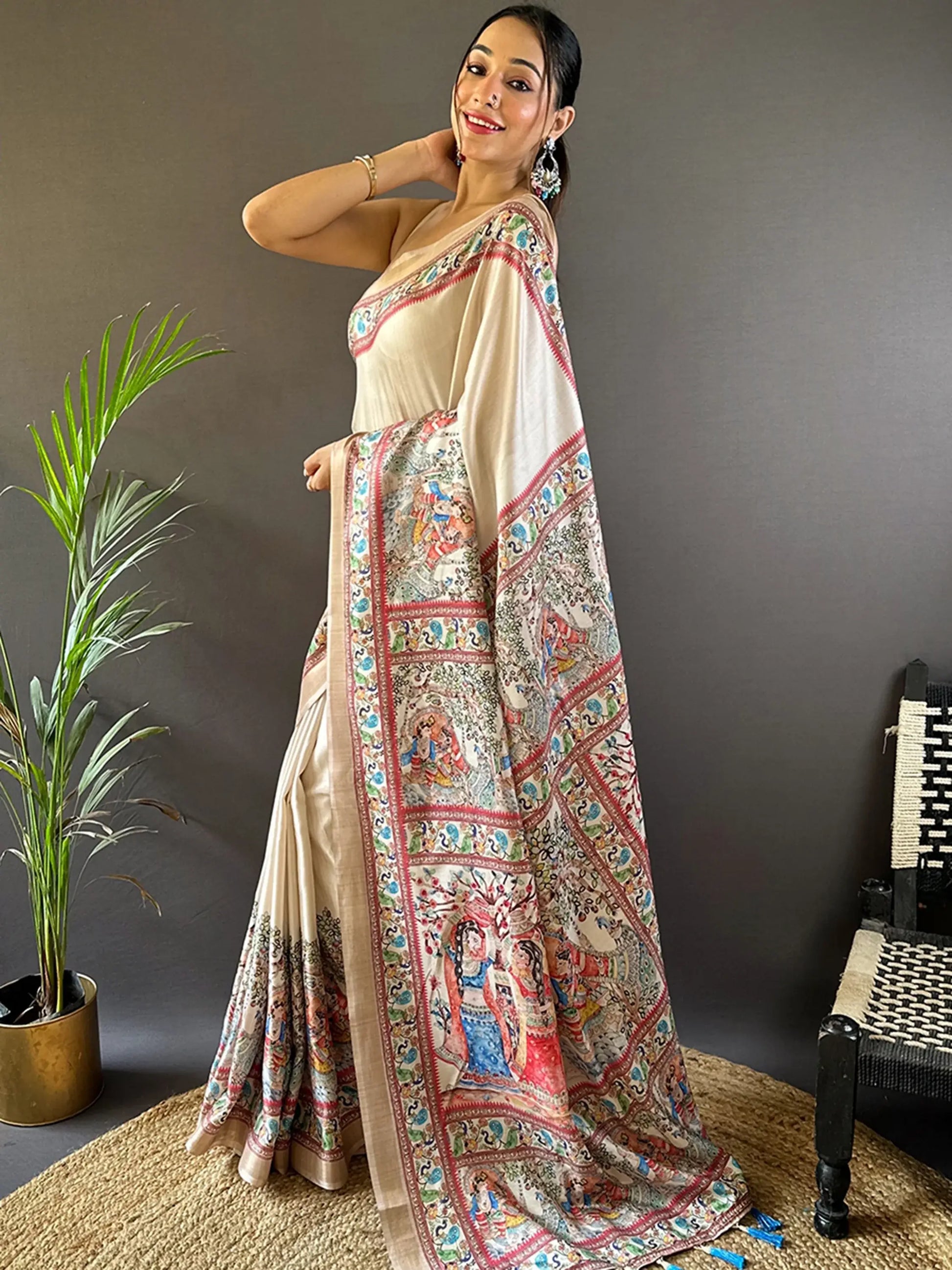 Incredible Cream Madhubani Print Silk Traditional Saree With Blouse - Zeel Clothing