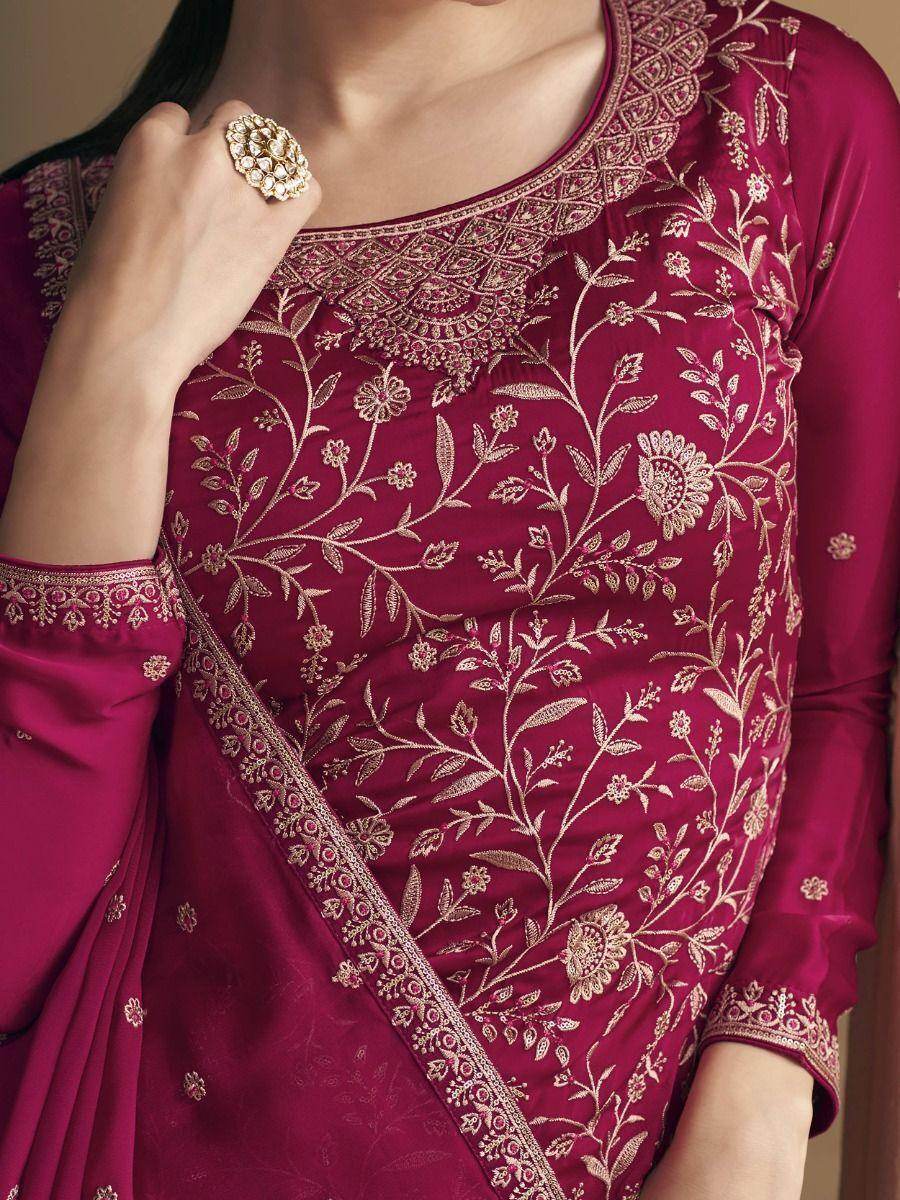 Incredible Dark Pink Embroidered Soft Silk Palazzo Suit - Zeel Clothing