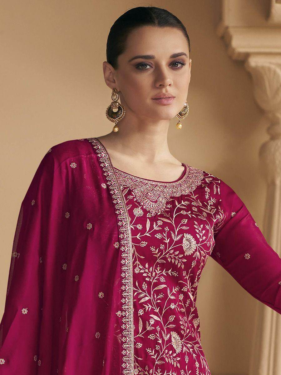 Incredible Dark Pink Embroidered Soft Silk Palazzo Suit - Zeel Clothing