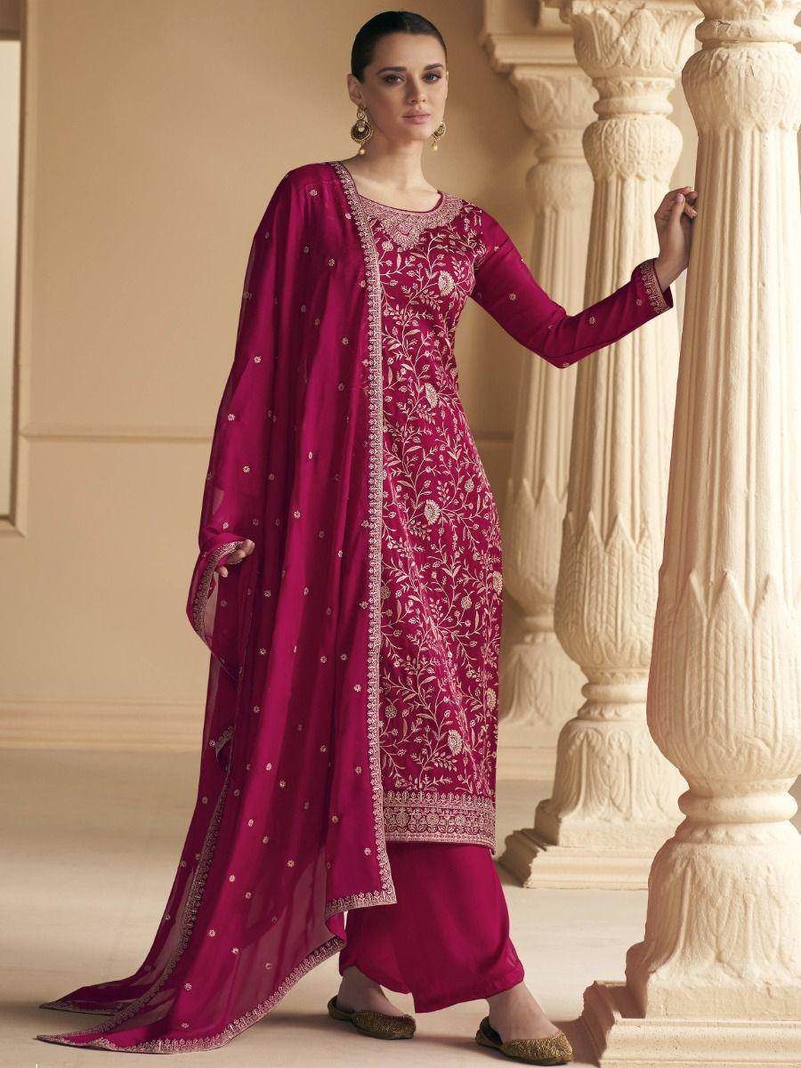 Incredible Dark Pink Embroidered Soft Silk Palazzo Suit - Zeel Clothing