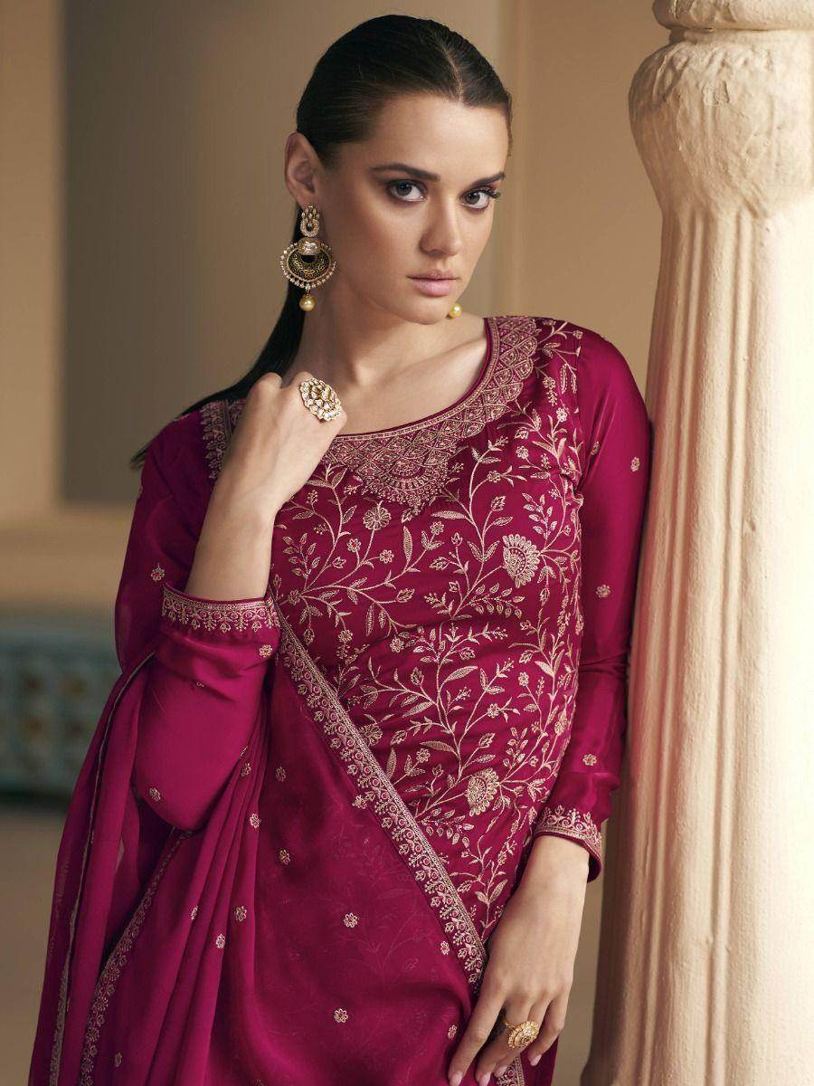 Incredible Dark Pink Embroidered Soft Silk Palazzo Suit - Zeel Clothing