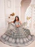 Elegant grey lehenga with white floral embroidery, perfect for weddings or festive occasions