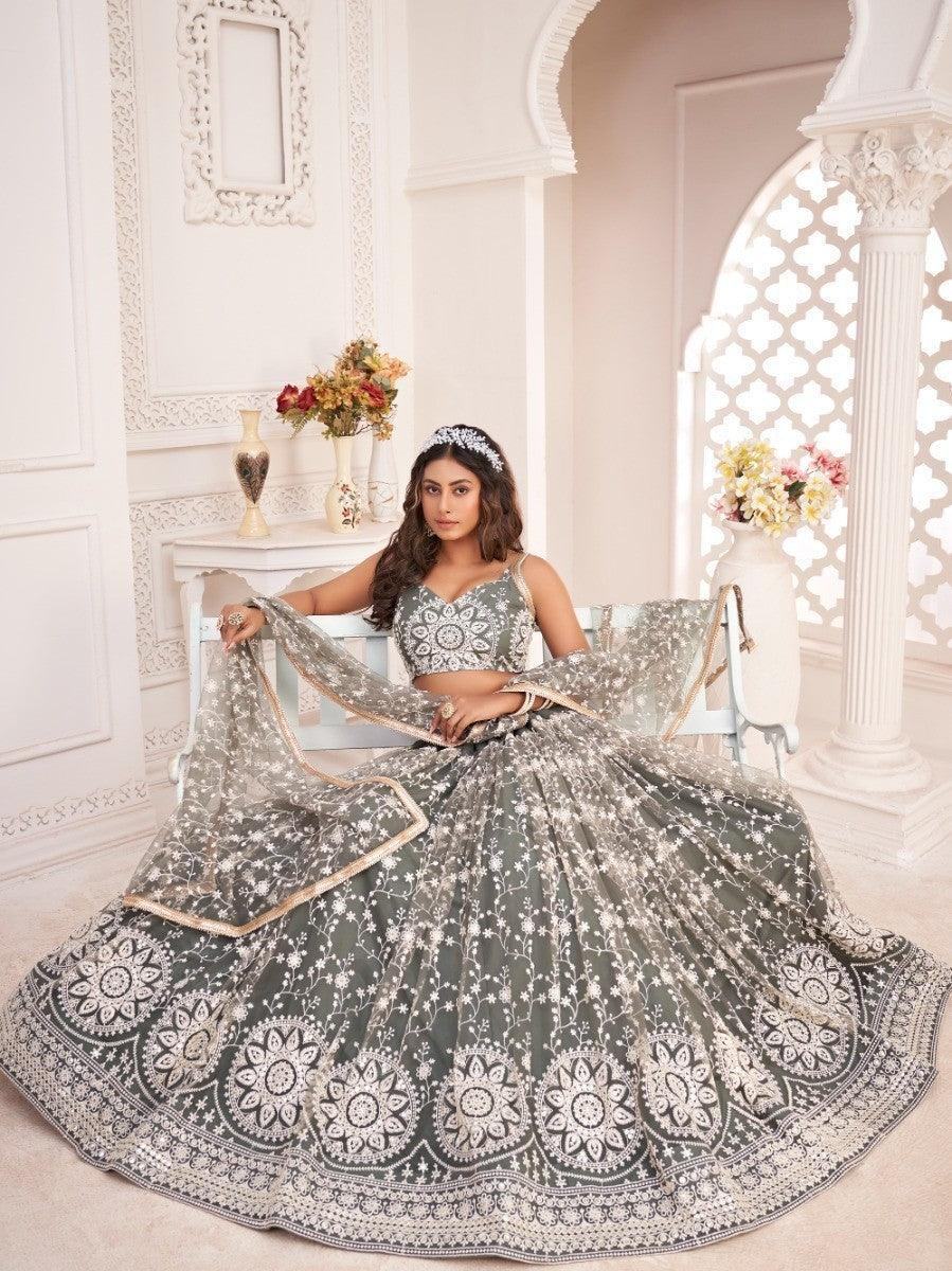 Elegant grey lehenga with white floral embroidery, perfect for weddings or festive occasions