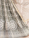 Olive green lehenga with white floral embroidery and gold trim, elegant traditional Indian wedding attire