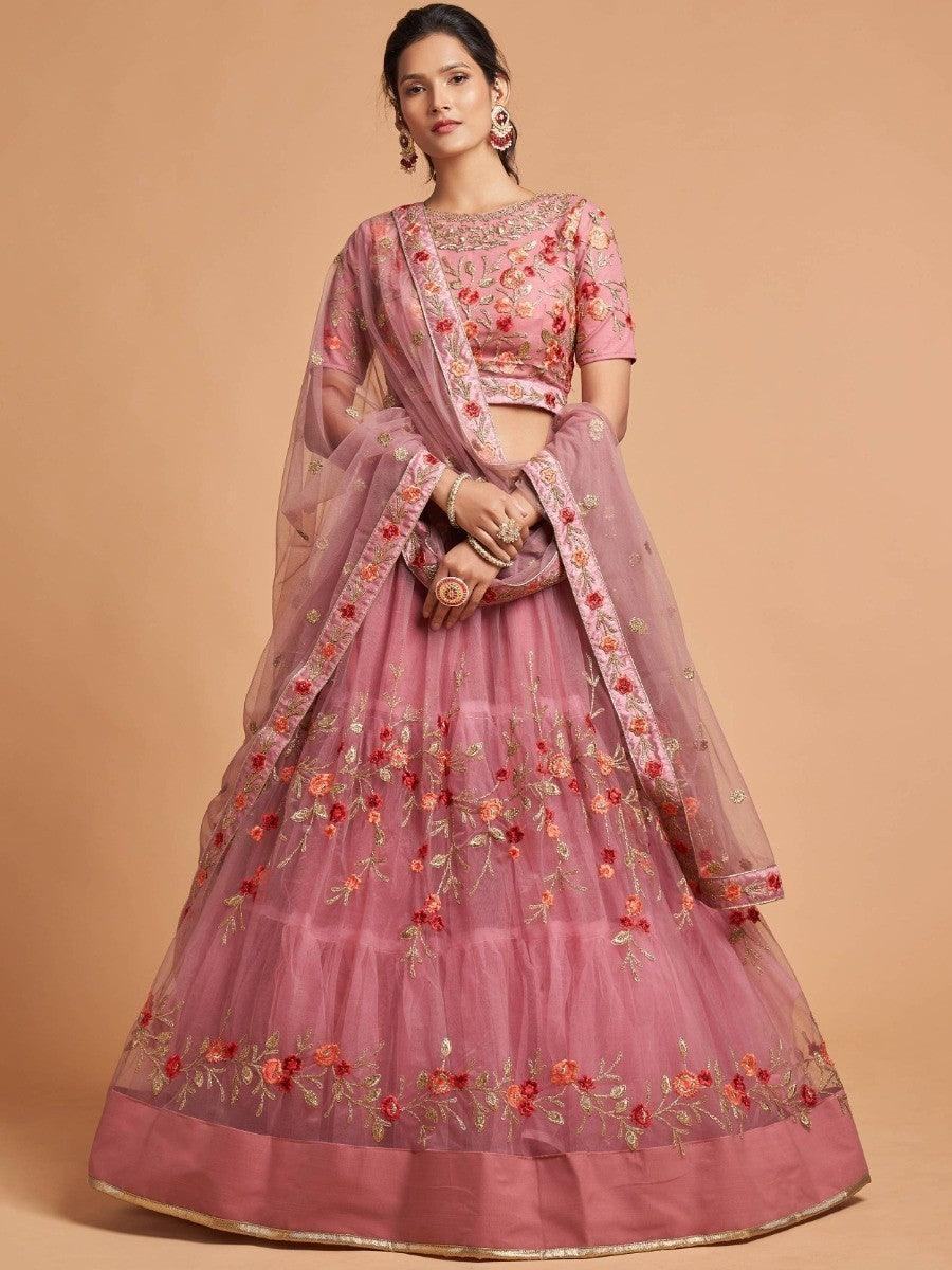 Pink floral embroidered lehenga choli with sheer dupatta, elegant Indian wedding attire for women