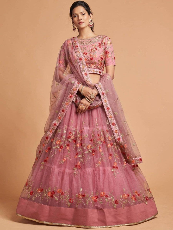Pink floral embroidered lehenga choli with sheer dupatta, elegant Indian wedding attire for women