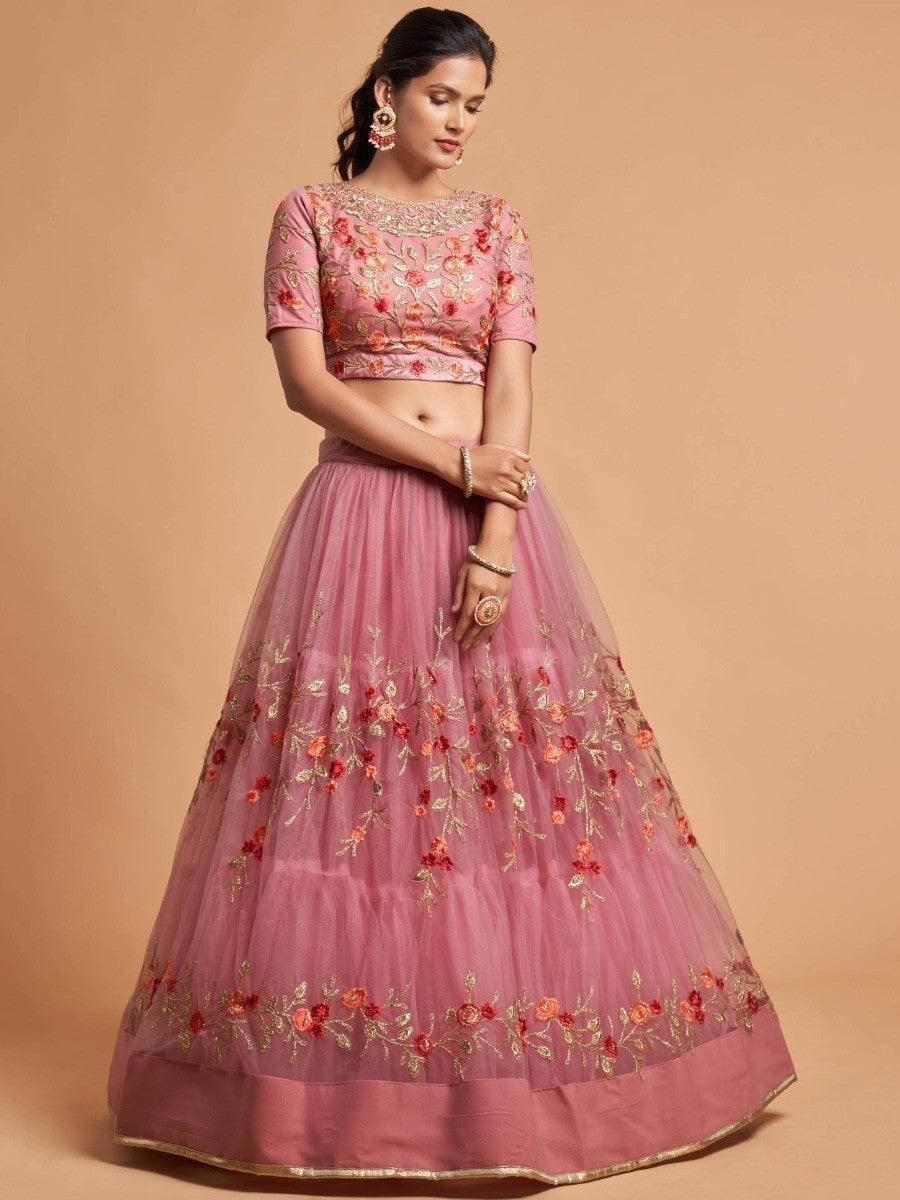 Pink floral embroidered lehenga choli for women, perfect for weddings and parties