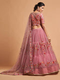 Pink floral embroidered lehenga choli with sheer dupatta, elegant Indian party wear for women