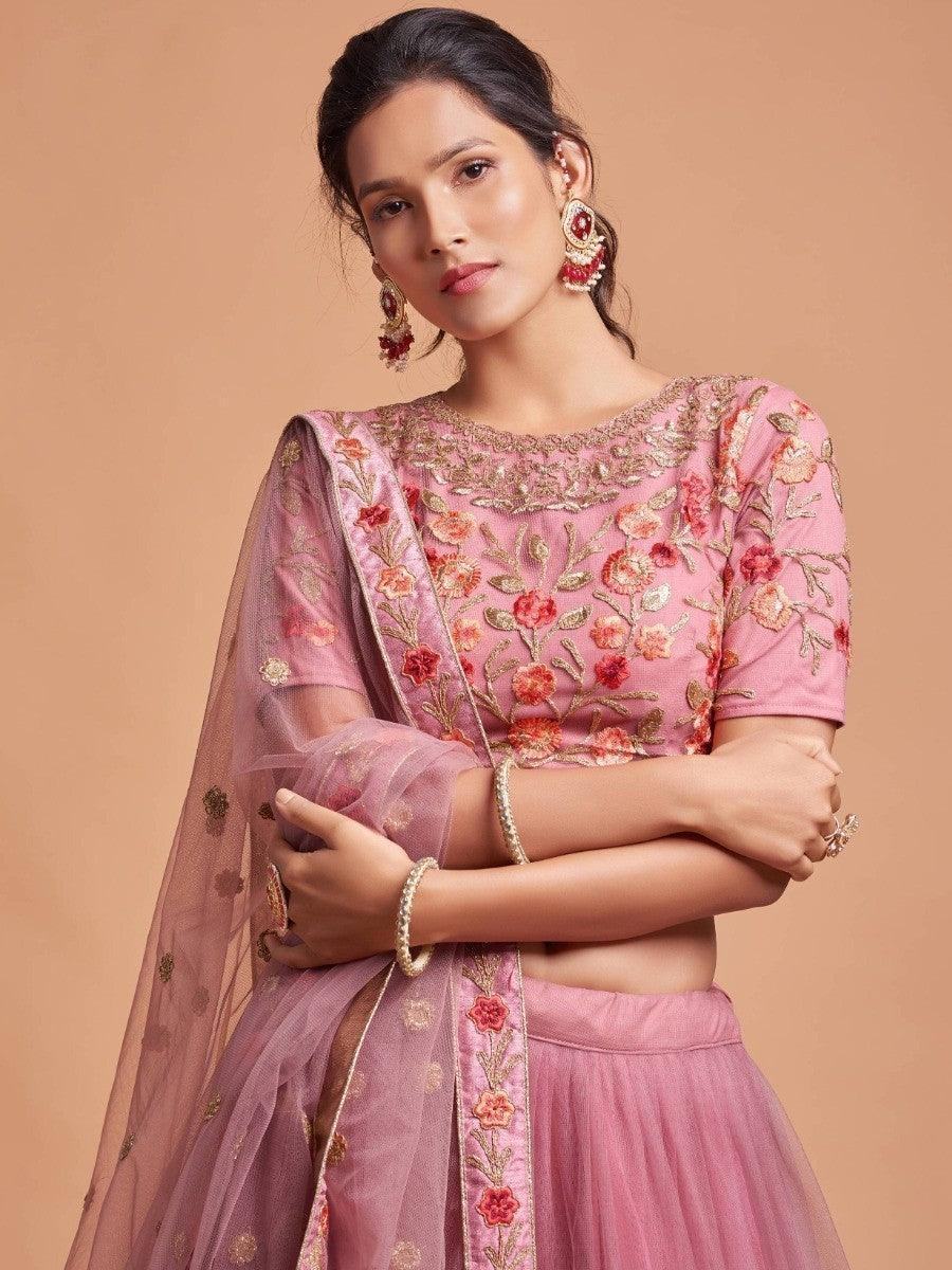 Pink floral embroidered lehenga choli with sheer dupatta, elegant women's ethnic wear