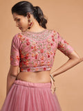Pink floral embroidered crop top with matching skirt, elegant women's fashion