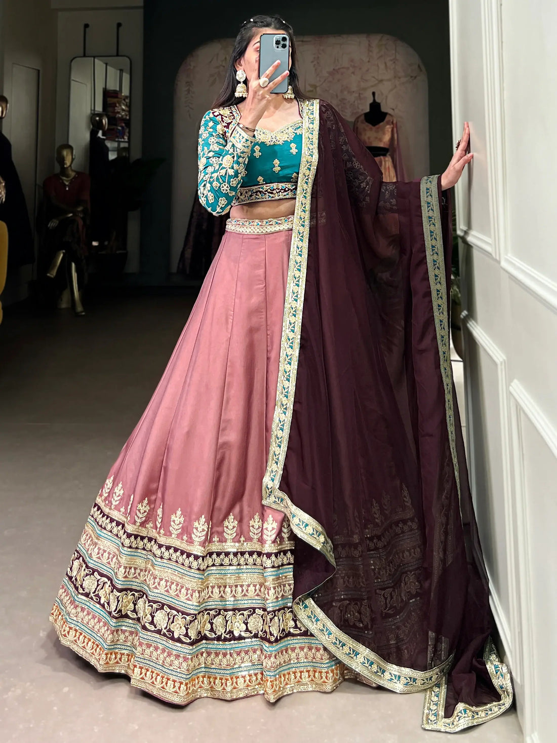 Incredible Dusty Pink Thread Work Silk Enagament Wear Lehenga Choli - Zeel Clothing