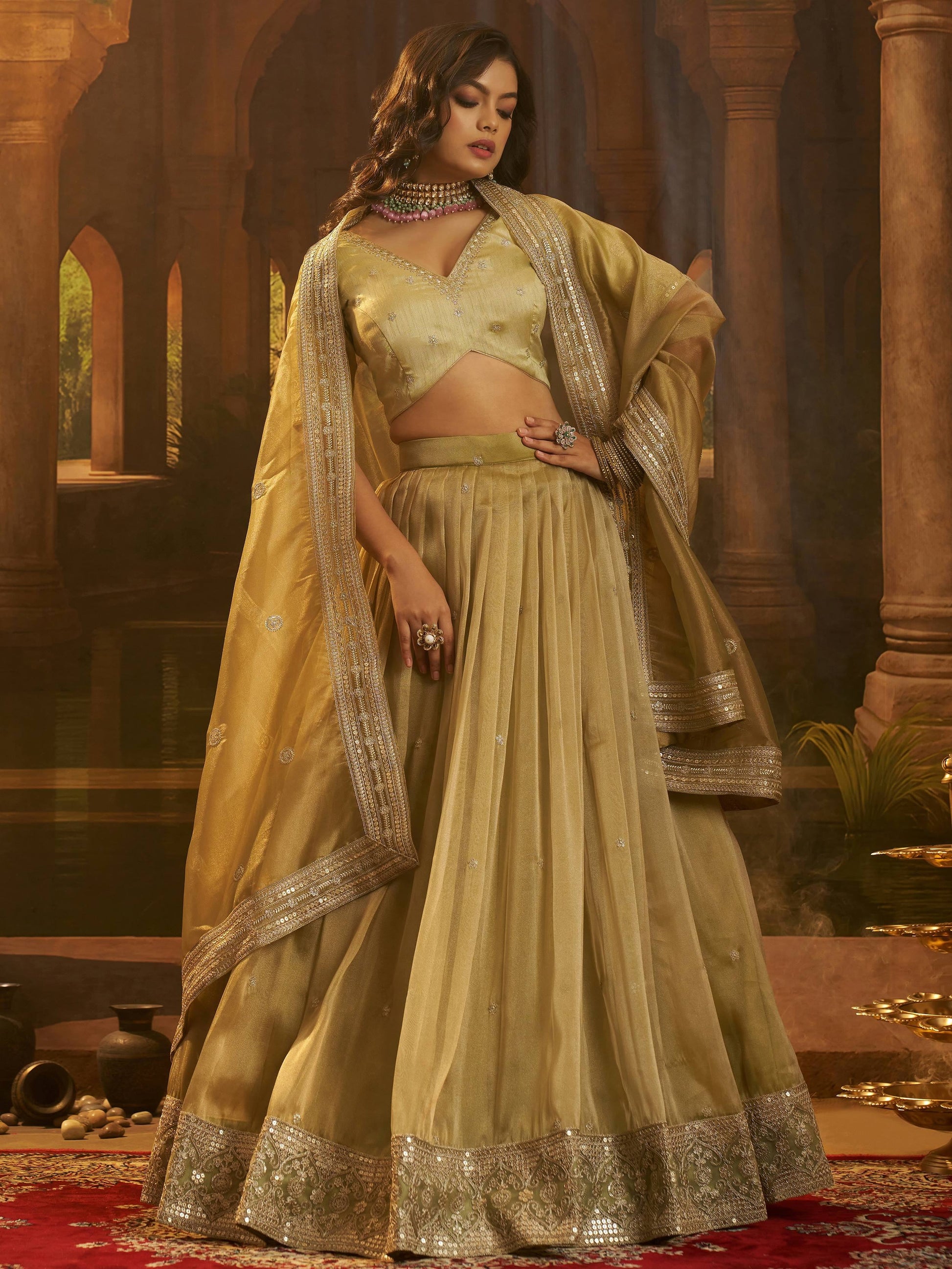 Incredible Golden Zari Work Organza Sangeet Wear Lehenga Choli