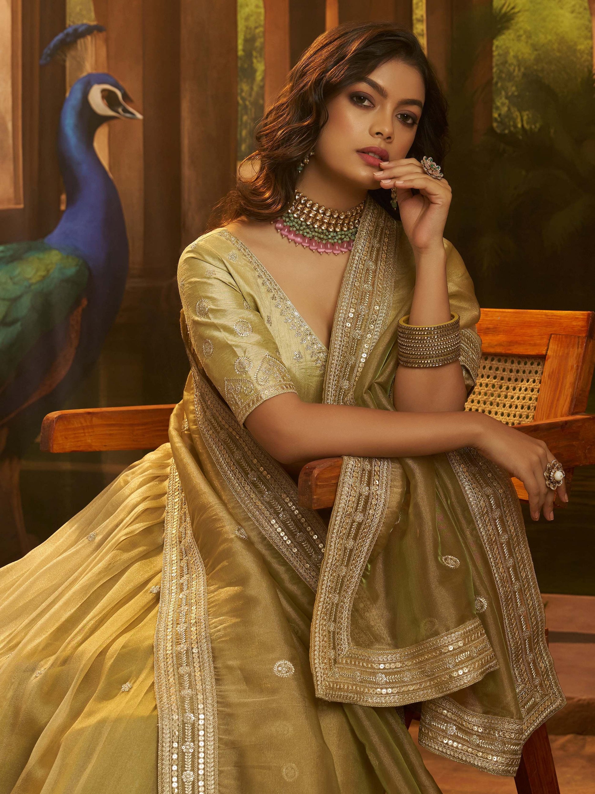 Incredible Golden Zari Work Organza Sangeet Wear Lehenga Choli