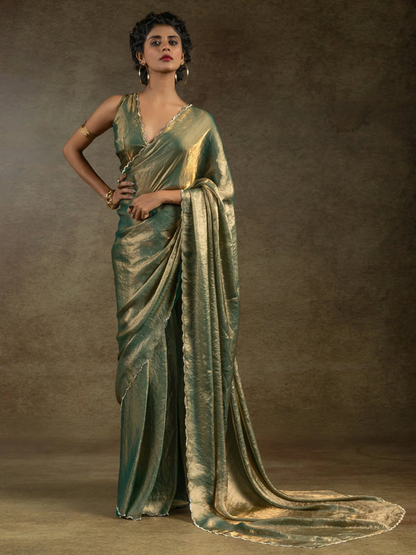 Incredible Green Border Work Satin Party Wear Pre-Stitched Saree With Blouse - Zeel Clothing
