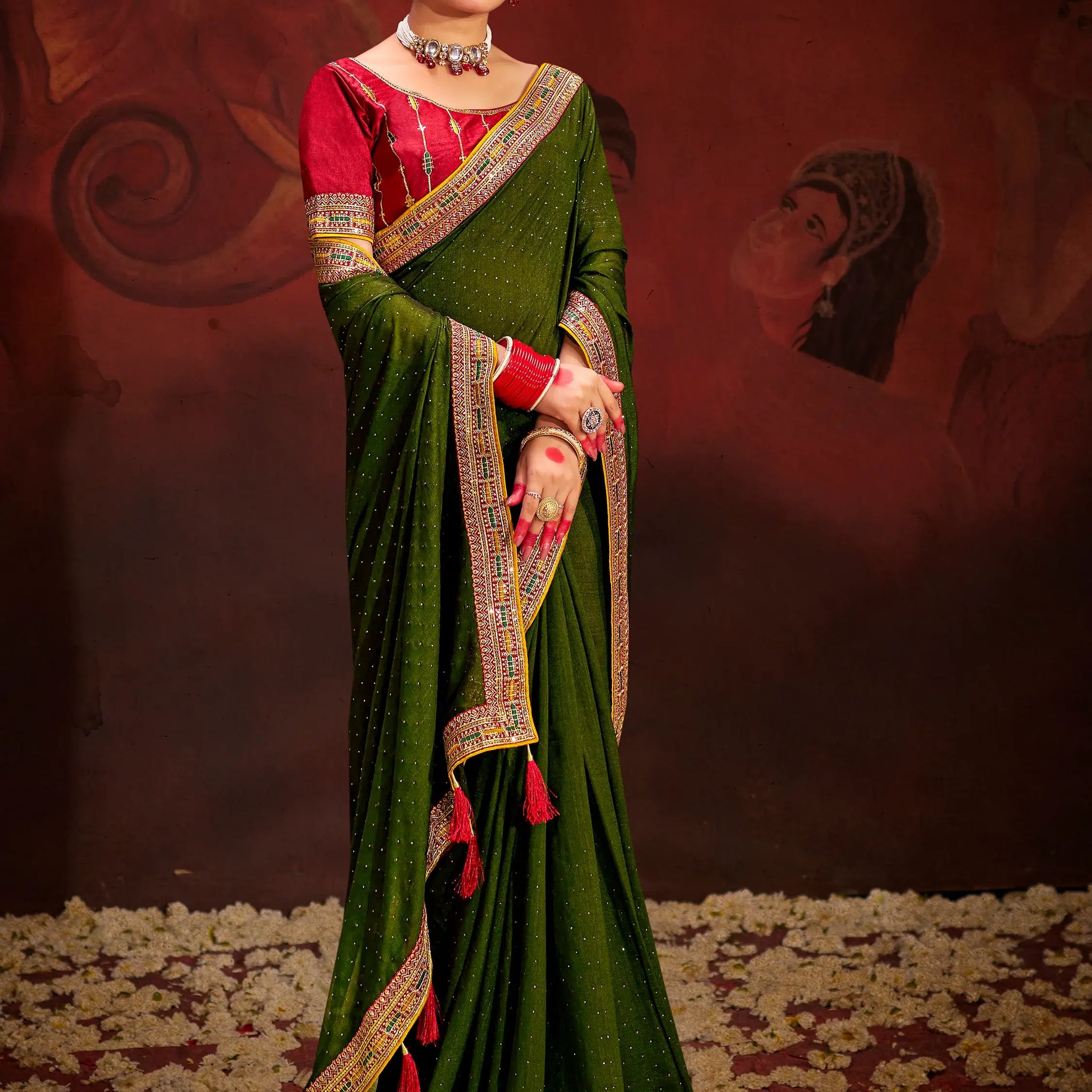 Incredible Green Heavy Lace Work Silk Event Wear Saree With Blouse - Zeel Clothing
