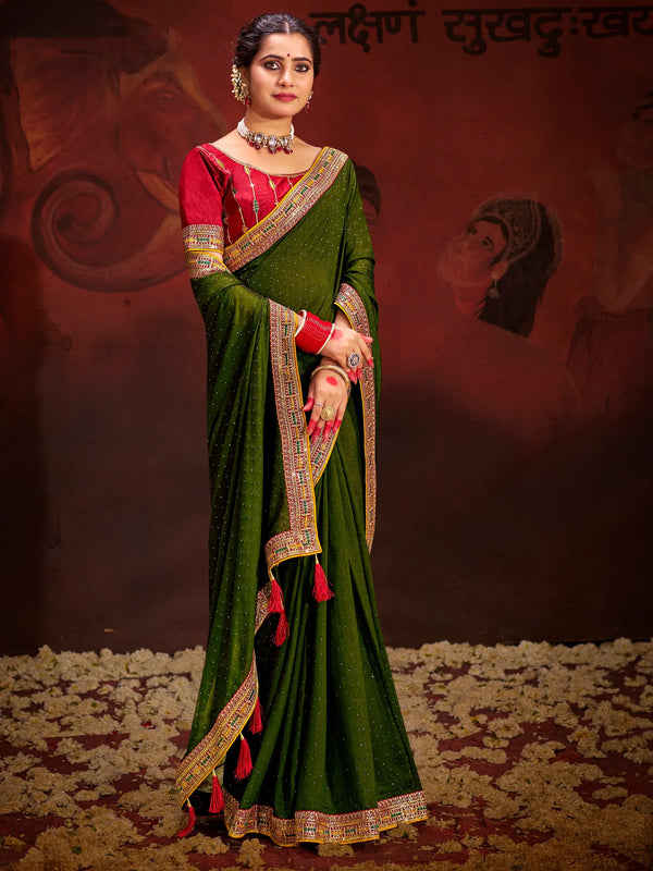 Incredible Green Heavy Lace Work Silk Event Wear Saree With Blouse - Zeel Clothing