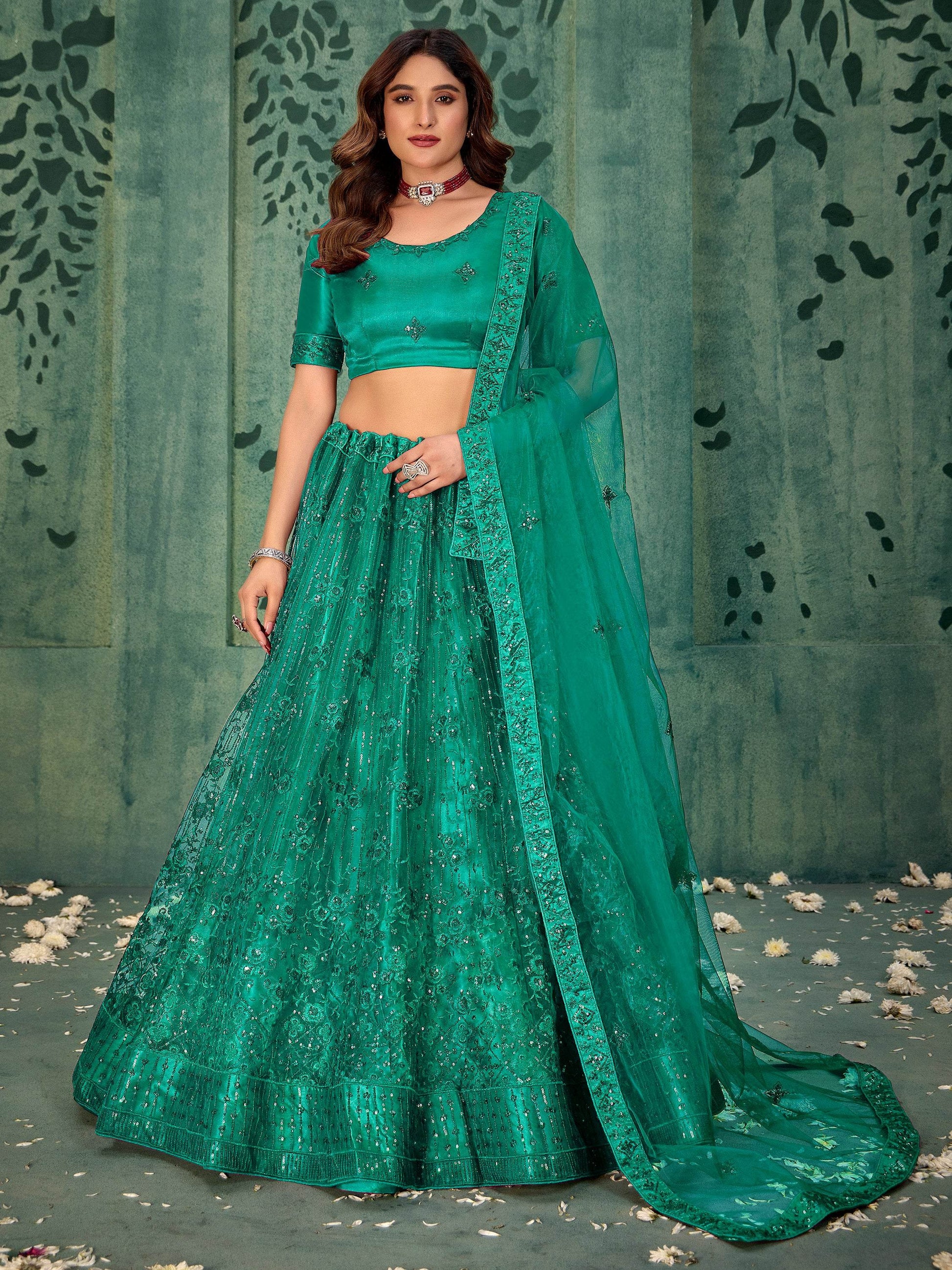 Incredible Green Thread Work Net Mehendi Wear Lehenga Choli With Dupatta - Zeel Clothing