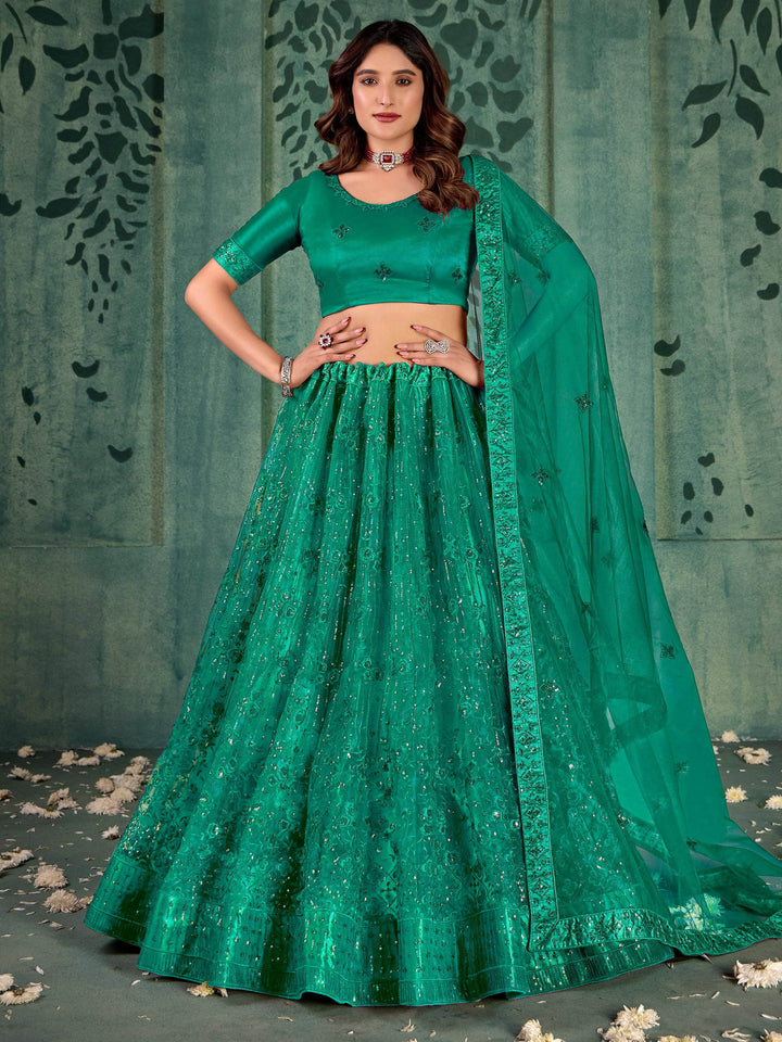 Incredible Green Thread Work Net Mehendi Wear Lehenga Choli With Dupatta - Zeel Clothing