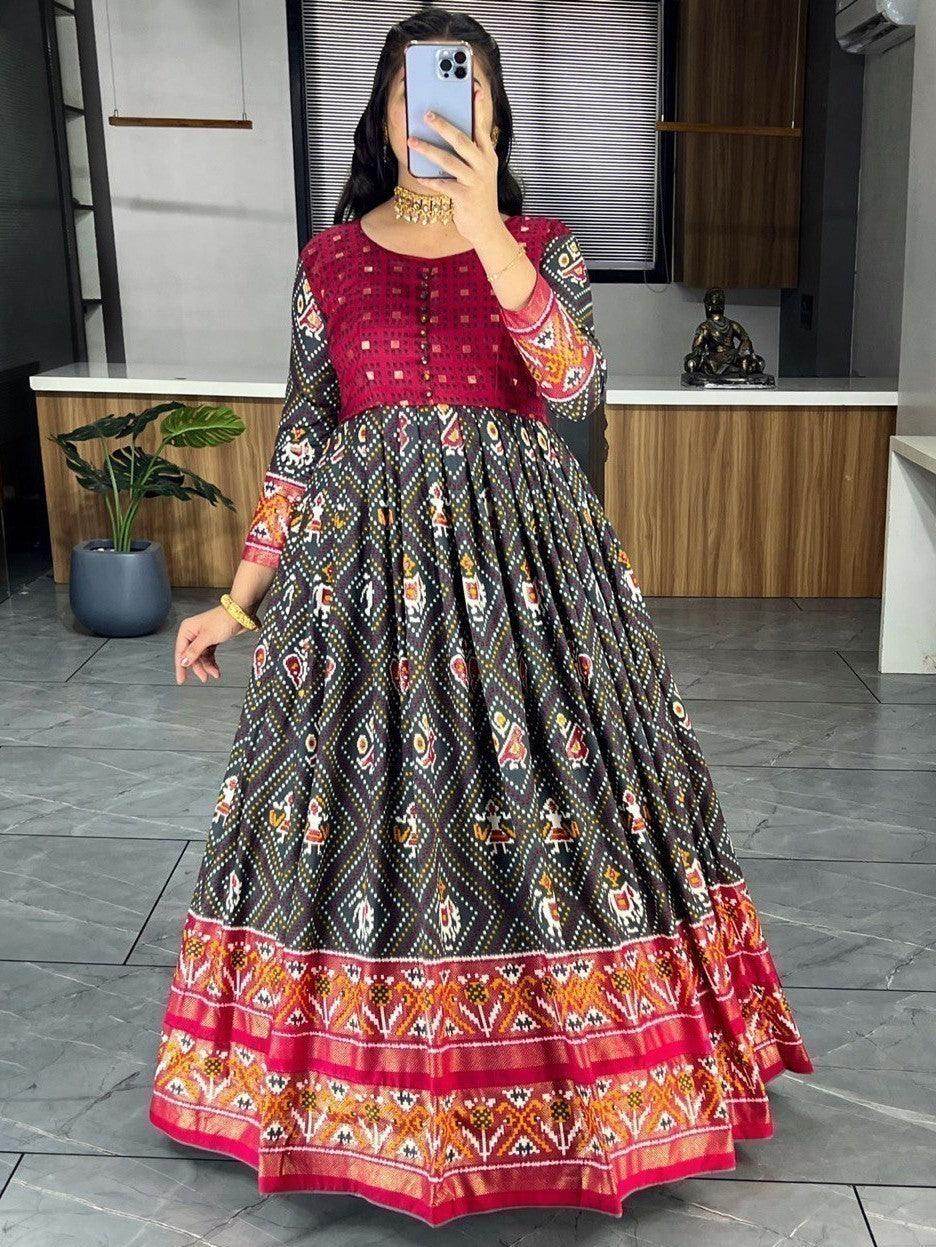 Incredible Grey Bandhani Printed Silk Events Wear Gown - Zeel Clothing