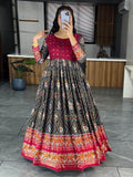 Incredible Grey Bandhani Printed Silk Events Wear Gown - Zeel Clothing