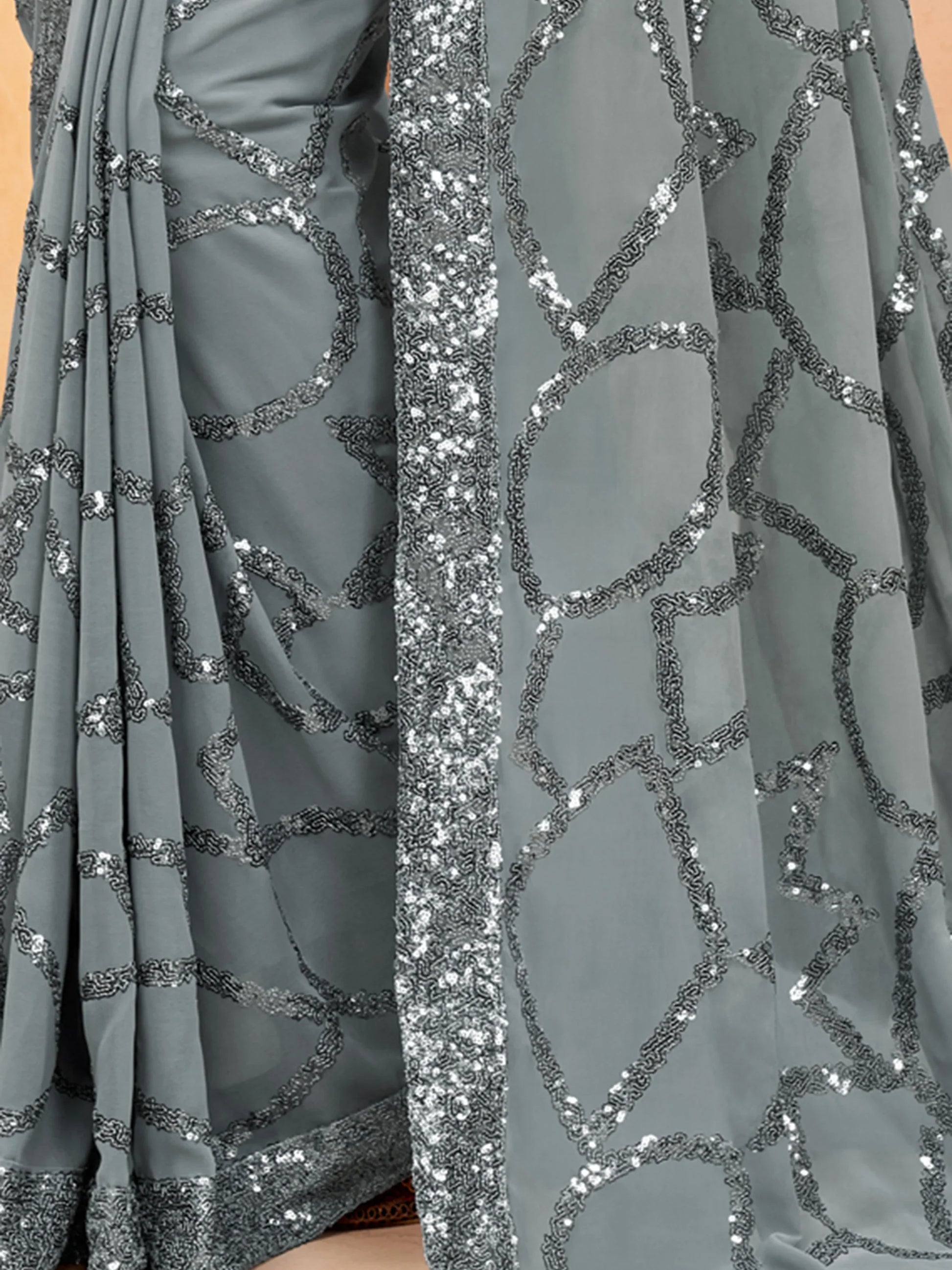 Incredible Grey Sequins Georgette Party Wear Saree With Blouse - Zeel Clothing
