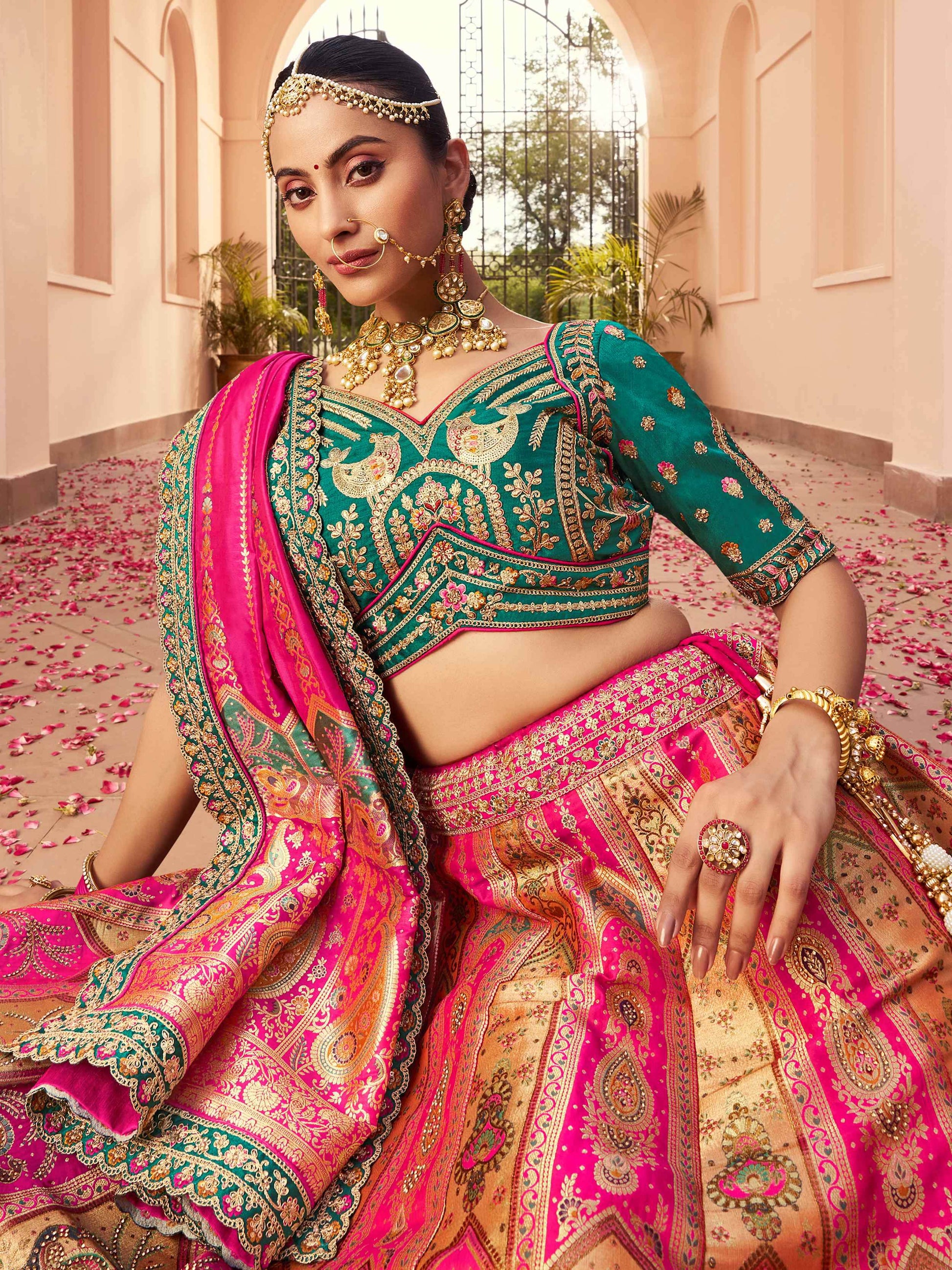 Incredible Hot Pink Heavy Embroidered Banarasi Silk Bridal Lehenga Choli With Dupatta - Zeel Clothing