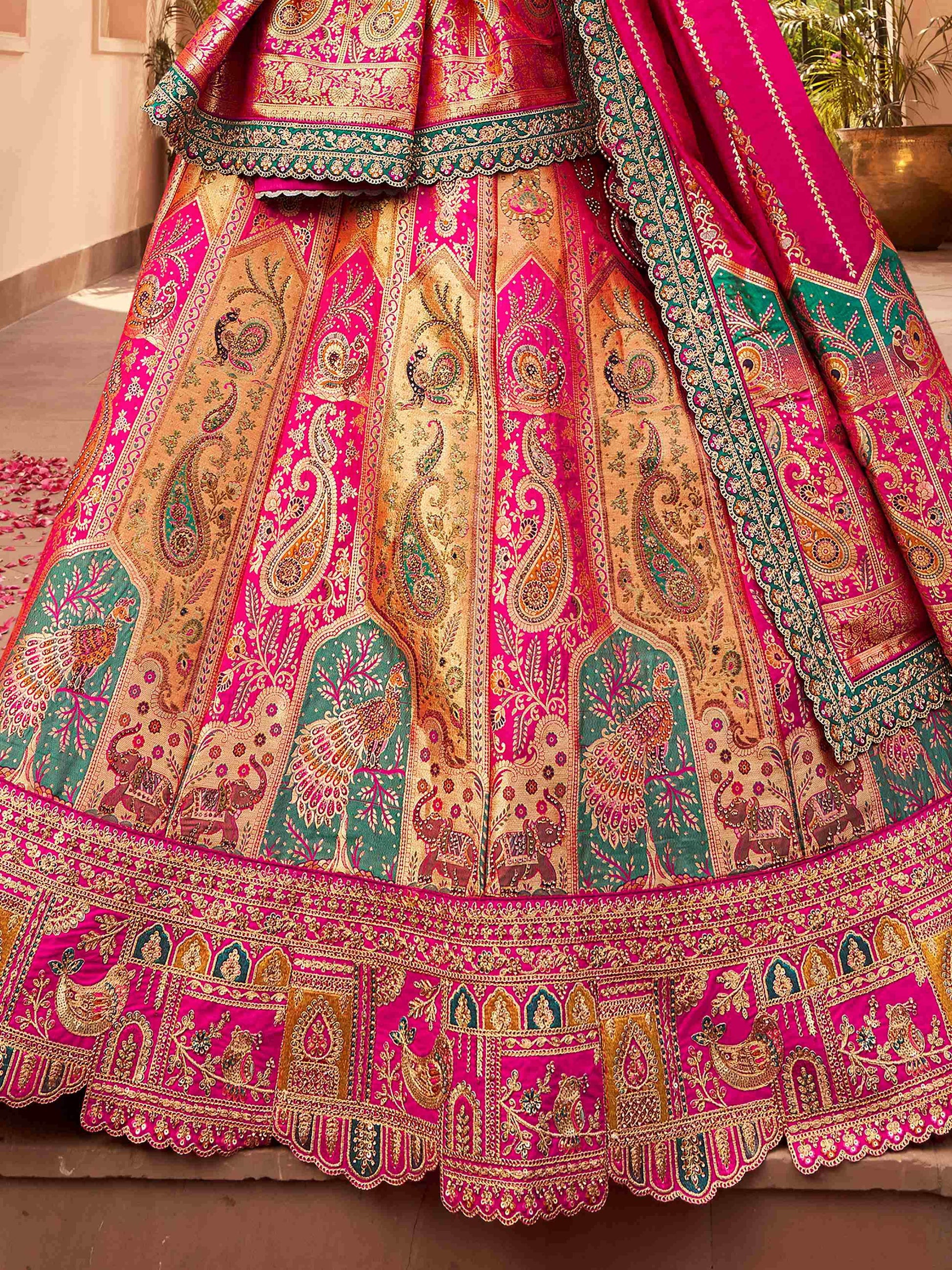 Incredible Hot Pink Heavy Embroidered Banarasi Silk Bridal Lehenga Choli With Dupatta - Zeel Clothing