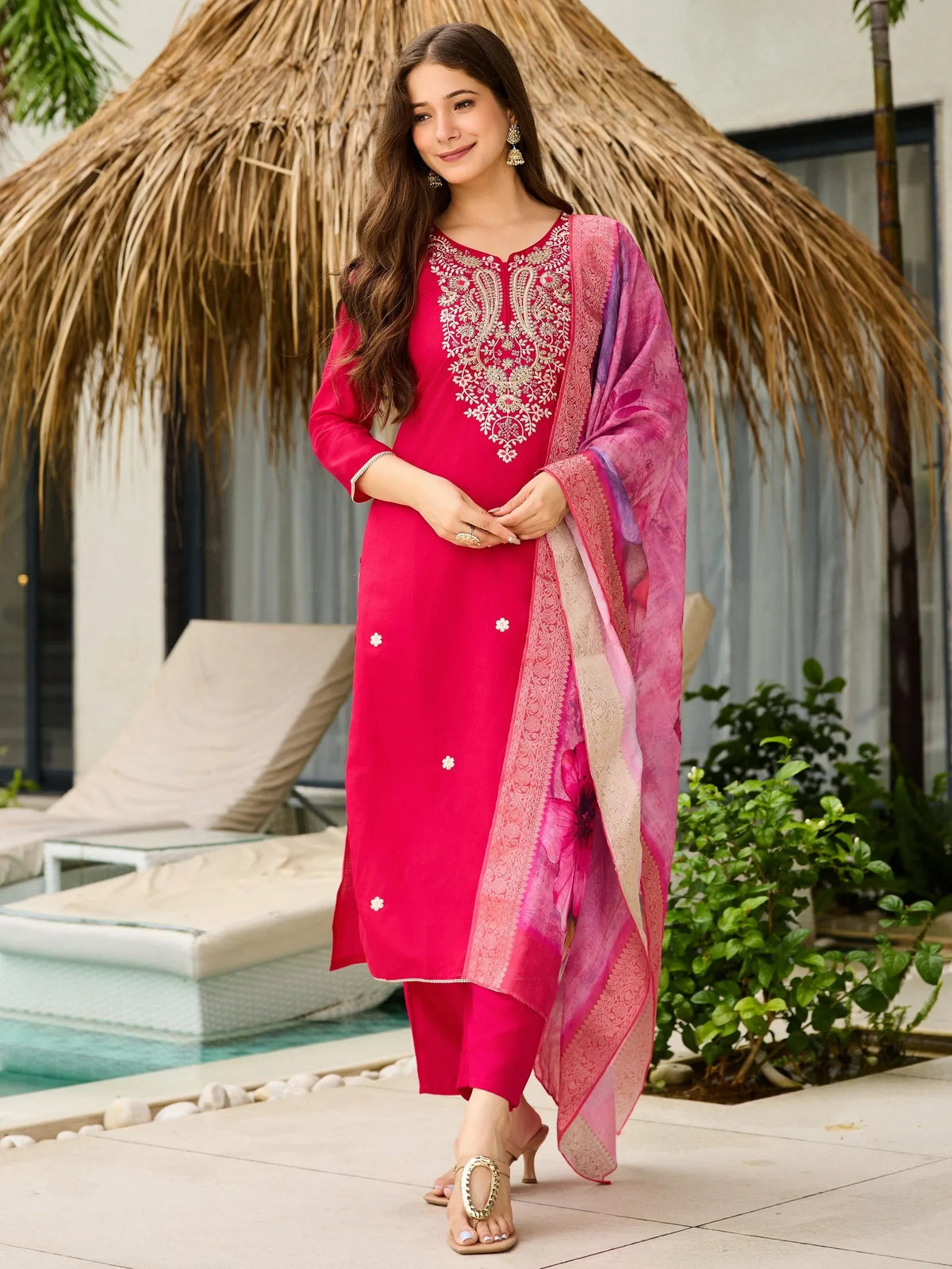 Incredible Hot Pink Thread Embroidery Viscose Wedding Wear Pant Suit - Zeel Clothing