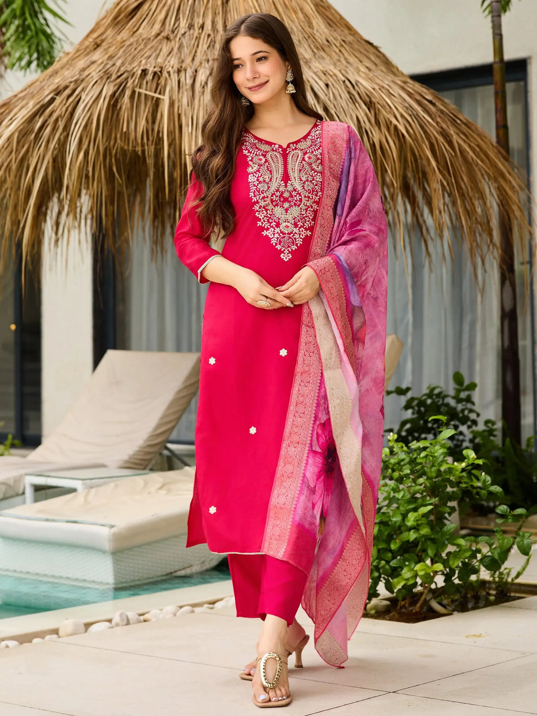Incredible Hot Pink Thread Embroidery Viscose Wedding Wear Pant Suit - Zeel Clothing