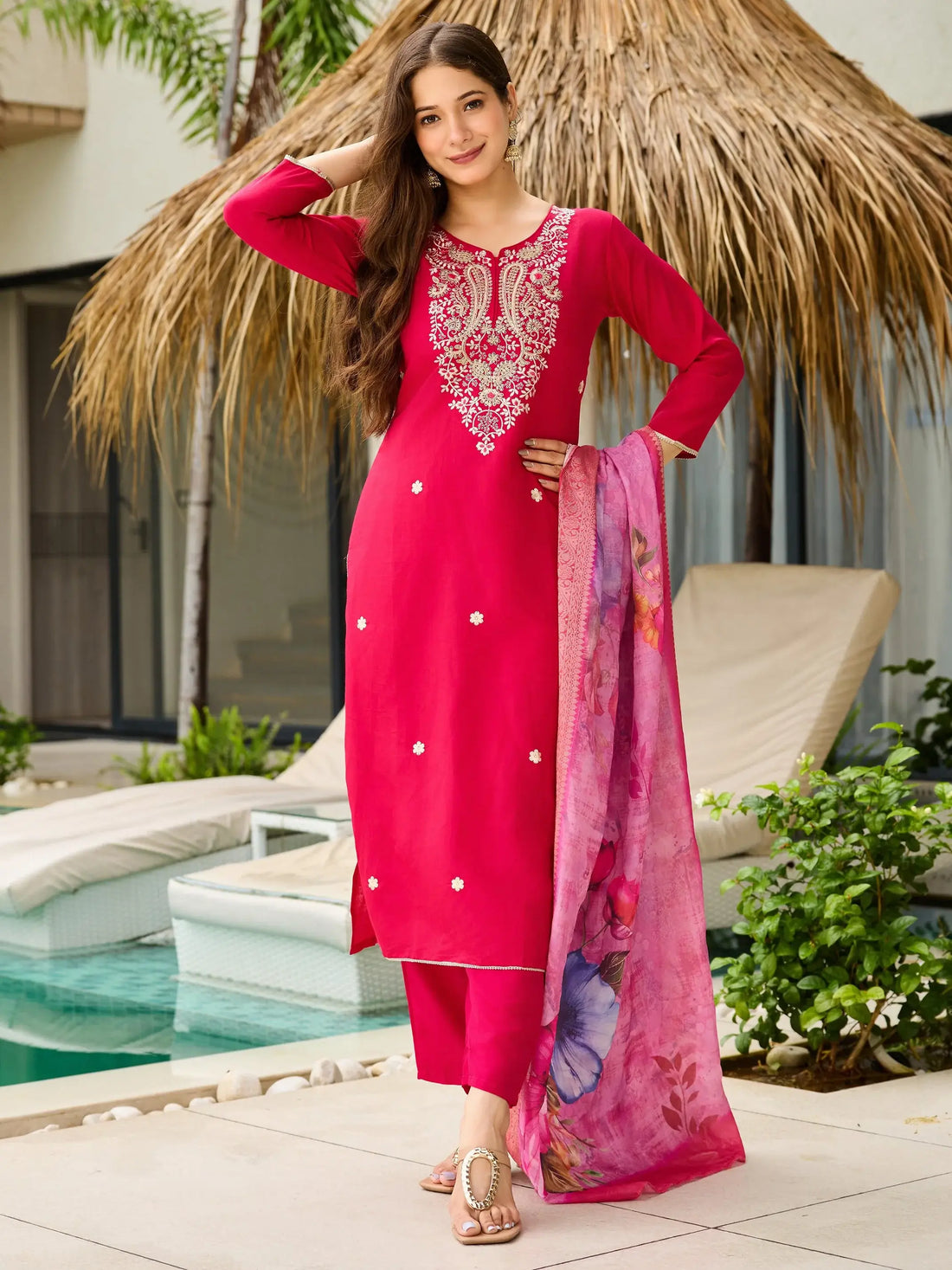 Incredible Hot Pink Thread Embroidery Viscose Wedding Wear Pant Suit - Zeel Clothing