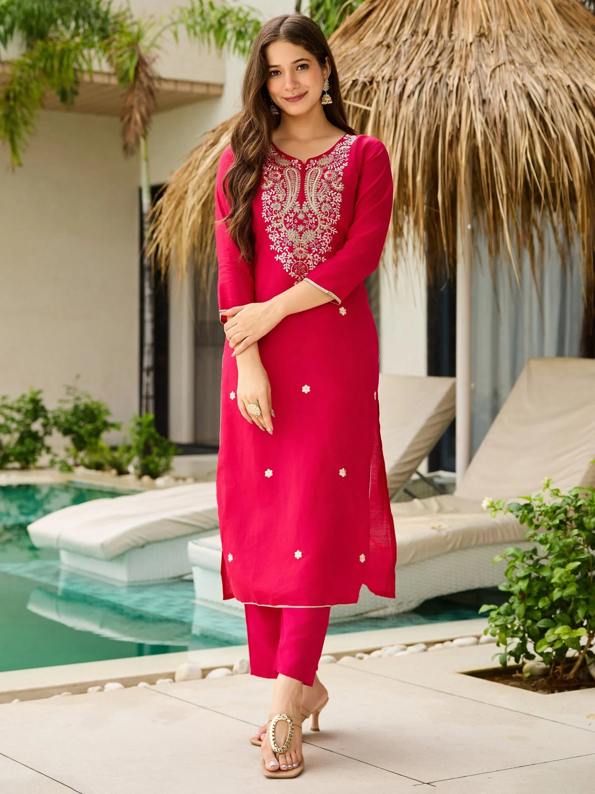 Incredible Hot Pink Thread Embroidery Viscose Wedding Wear Pant Suit - Zeel Clothing