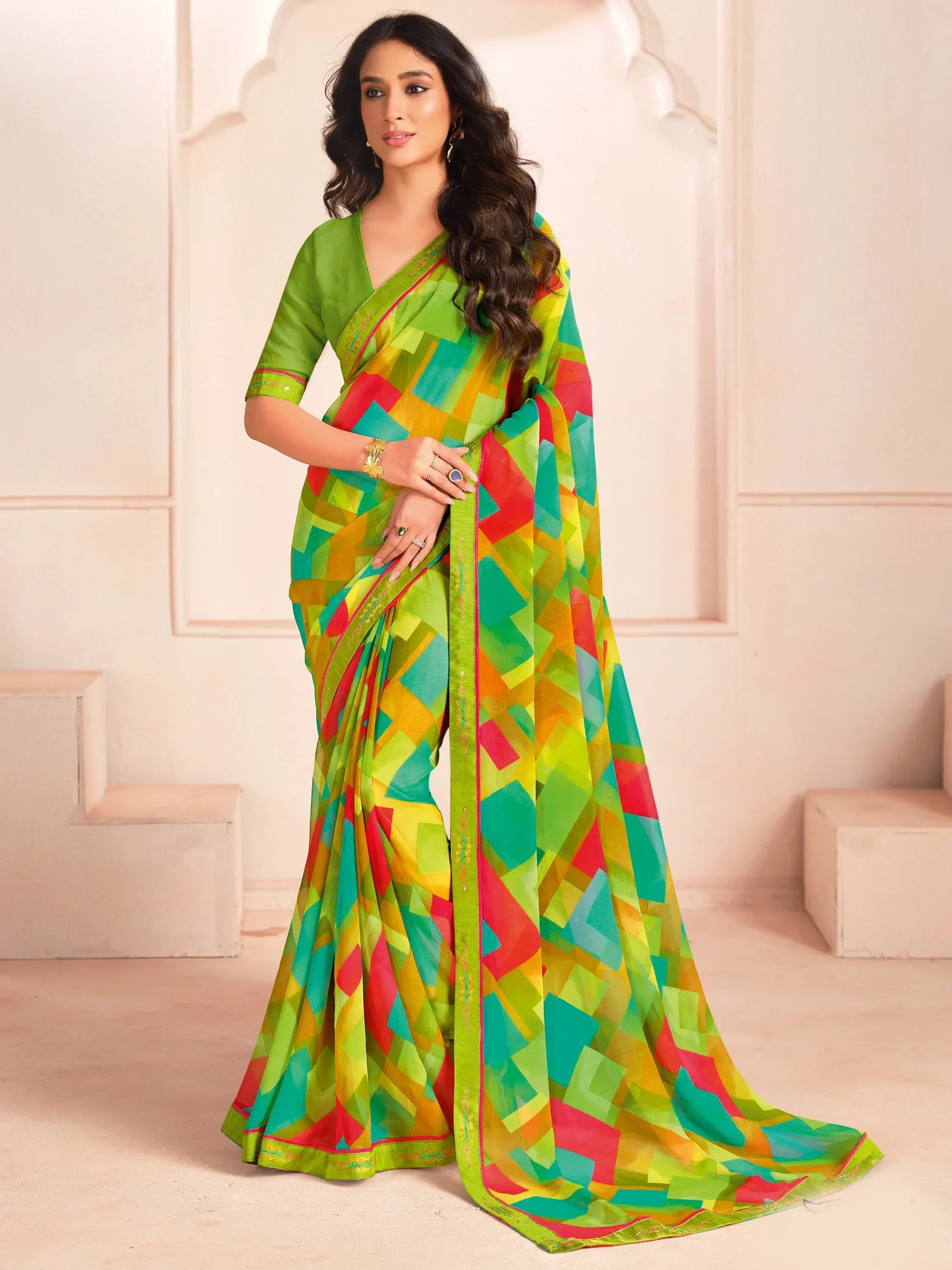 Incredible Light Green Digital Printed Georgette Evening Wear Saree With Blouse - Zeel Clothing