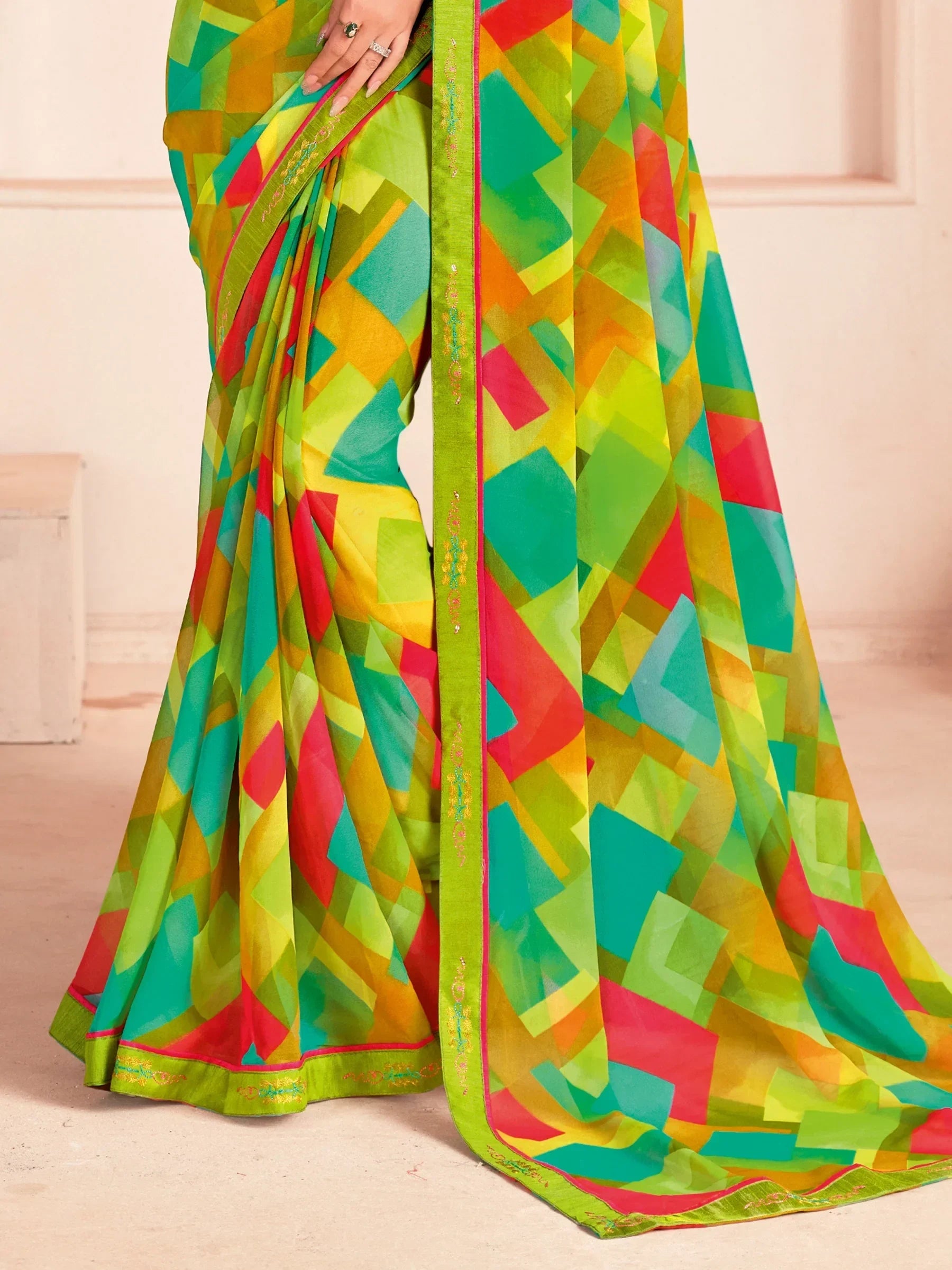 Incredible Light Green Digital Printed Georgette Evening Wear Saree With Blouse - Zeel Clothing