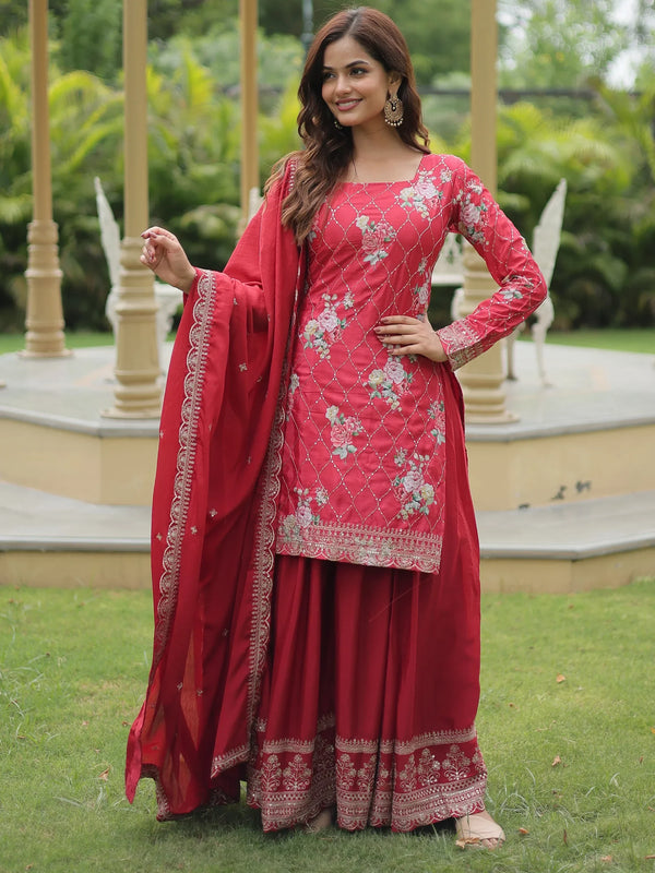 Incredible Maroon Sequins Chinon Festival Wear Palazzo Suit - Zeel Clothing