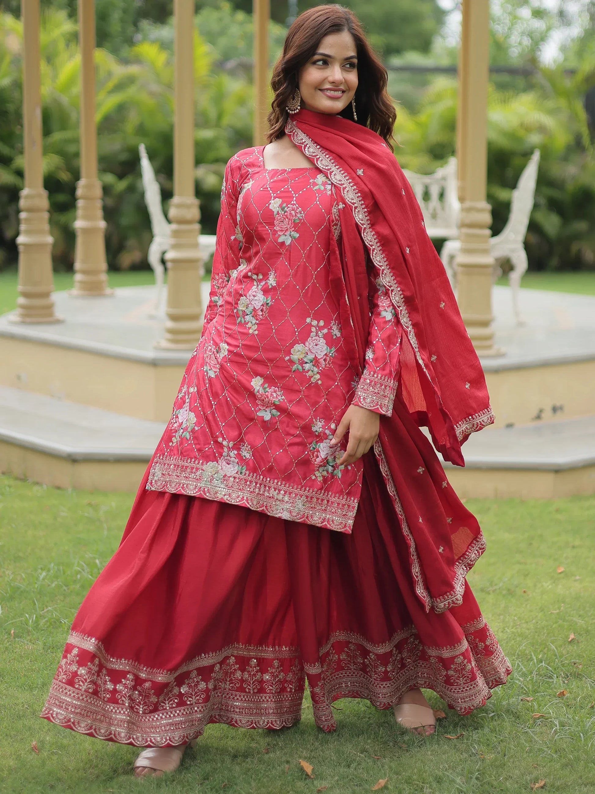 Incredible Maroon Sequins Chinon Festival Wear Palazzo Suit - Zeel Clothing
