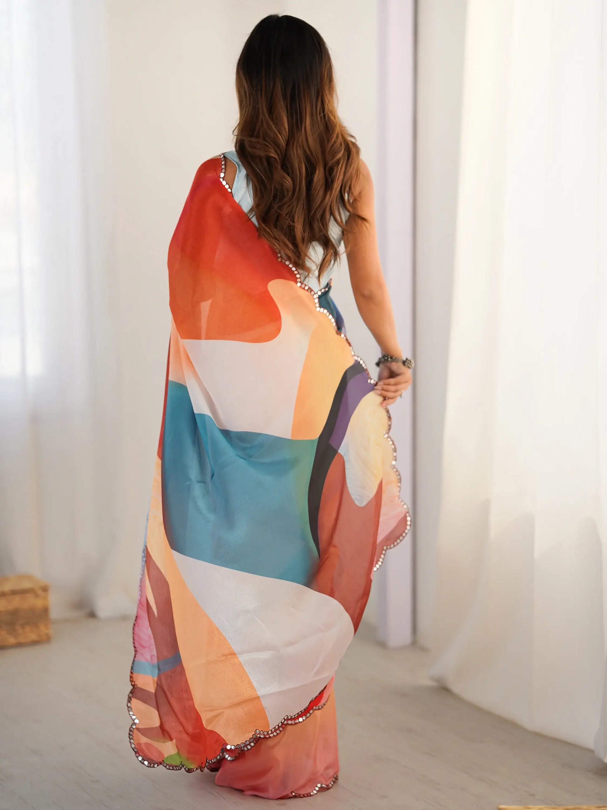 Incredible Multi-Color Printed Chinon Event Wear Saree With Blouse - Zeel Clothing
