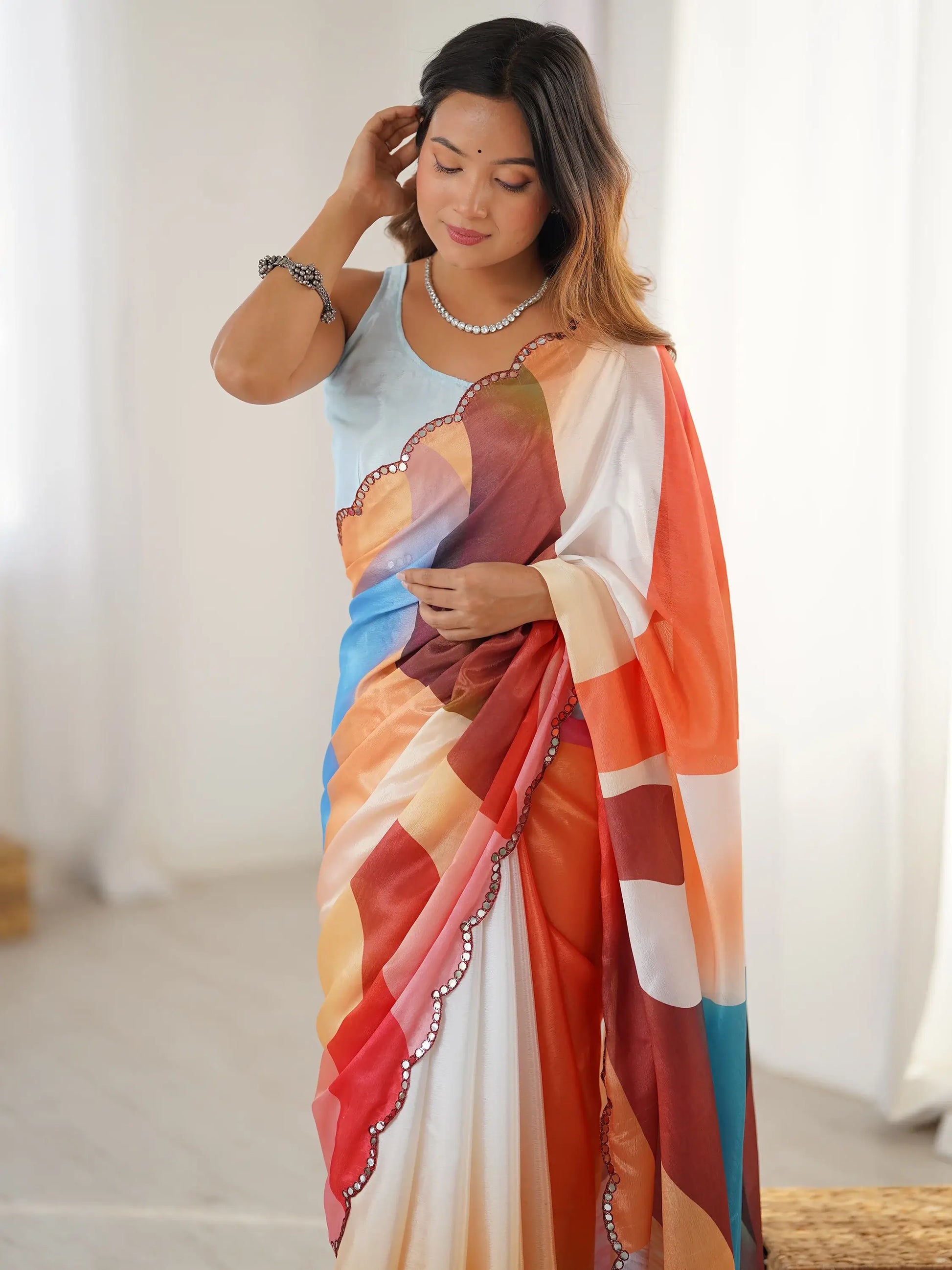 Incredible Multi-Color Printed Chinon Event Wear Saree With Blouse - Zeel Clothing
