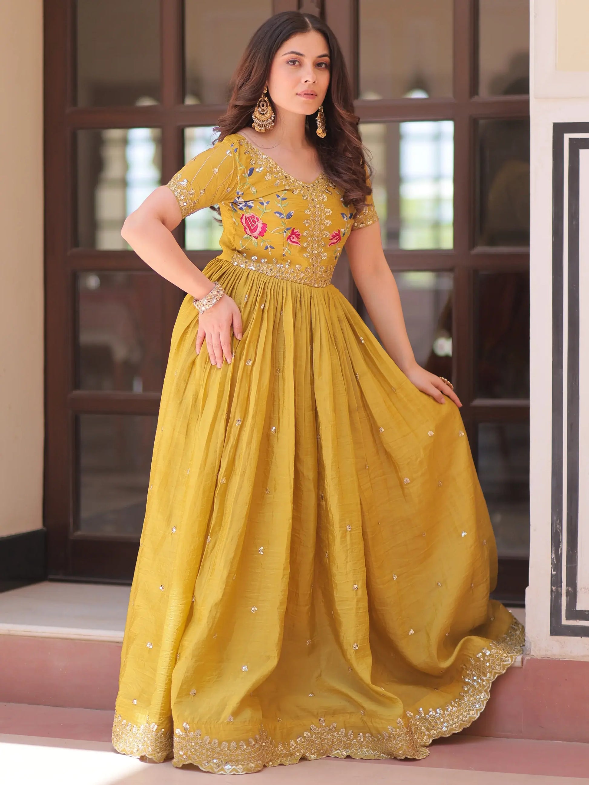 Incredible Mustard Yellow Sequins Chinon Event Wear Gown - Zeel Clothing