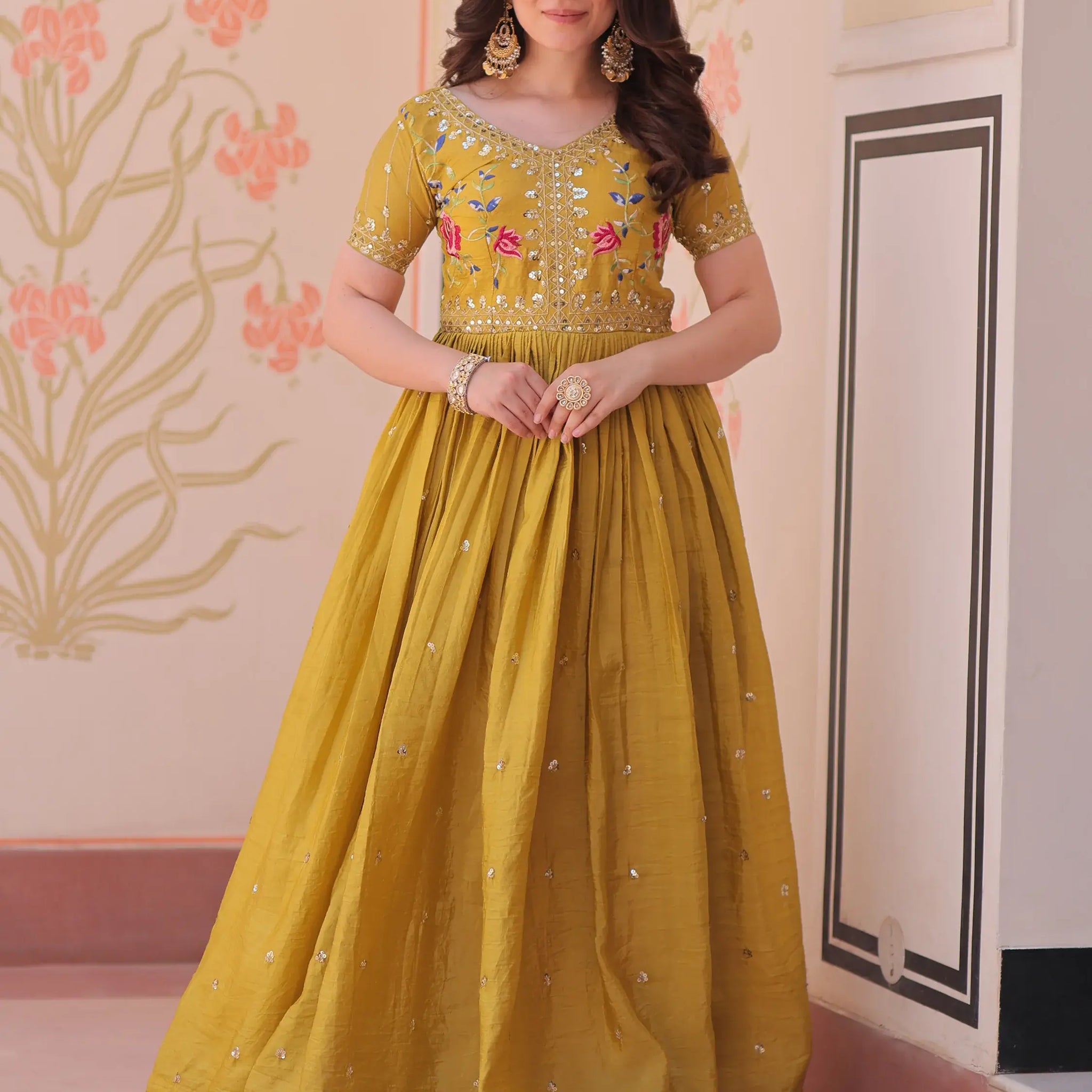 Incredible Mustard Yellow Sequins Chinon Event Wear Gown - Zeel Clothing