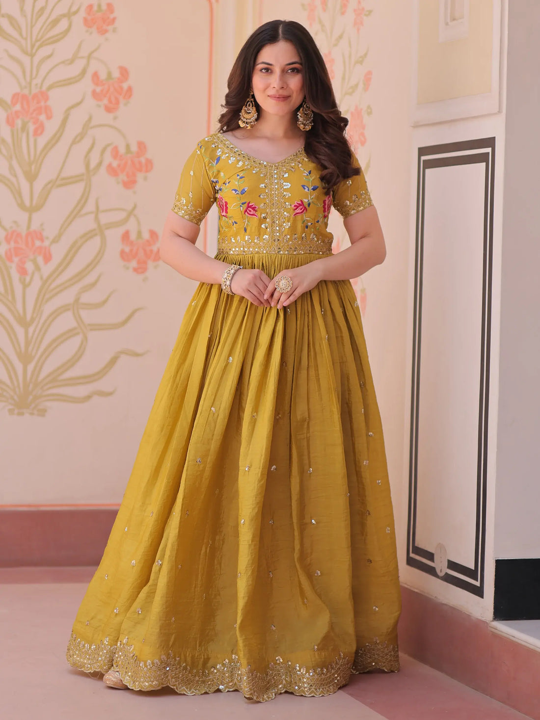 Incredible Mustard Yellow Sequins Chinon Event Wear Gown - Zeel Clothing