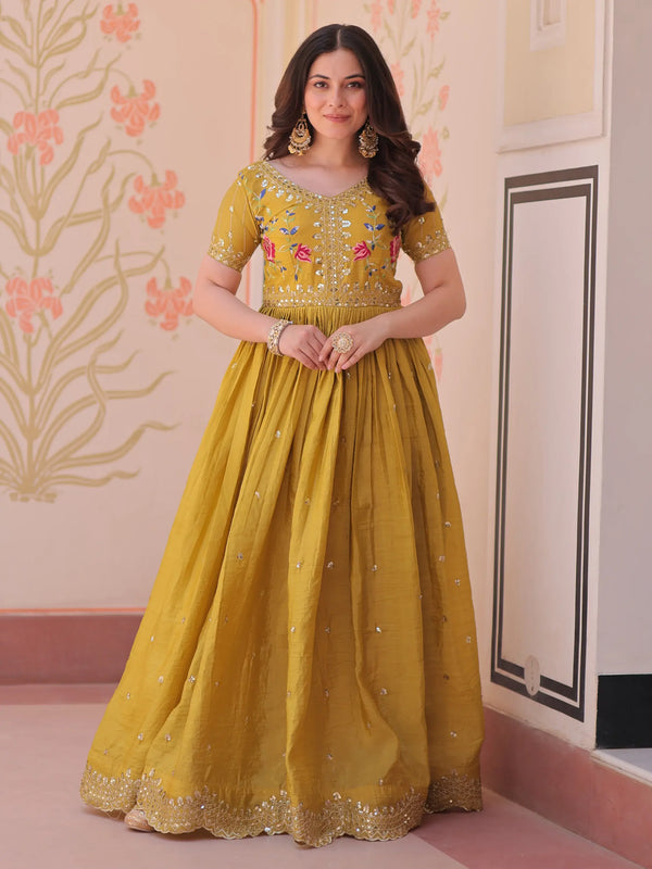 Incredible Mustard Yellow Sequins Chinon Event Wear Gown - Zeel Clothing