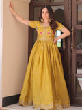 Incredible Mustard Yellow Sequins Chinon Event Wear Gown - Zeel Clothing