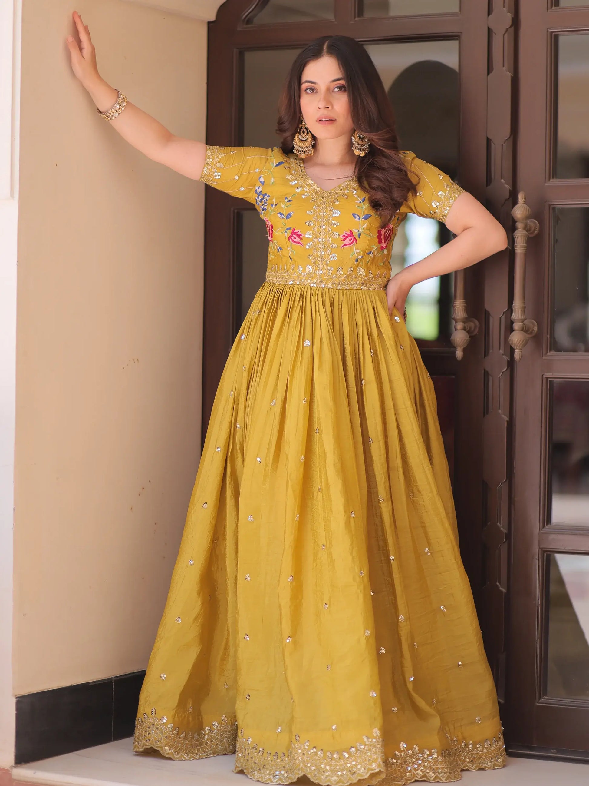 Incredible Mustard Yellow Sequins Chinon Event Wear Gown - Zeel Clothing