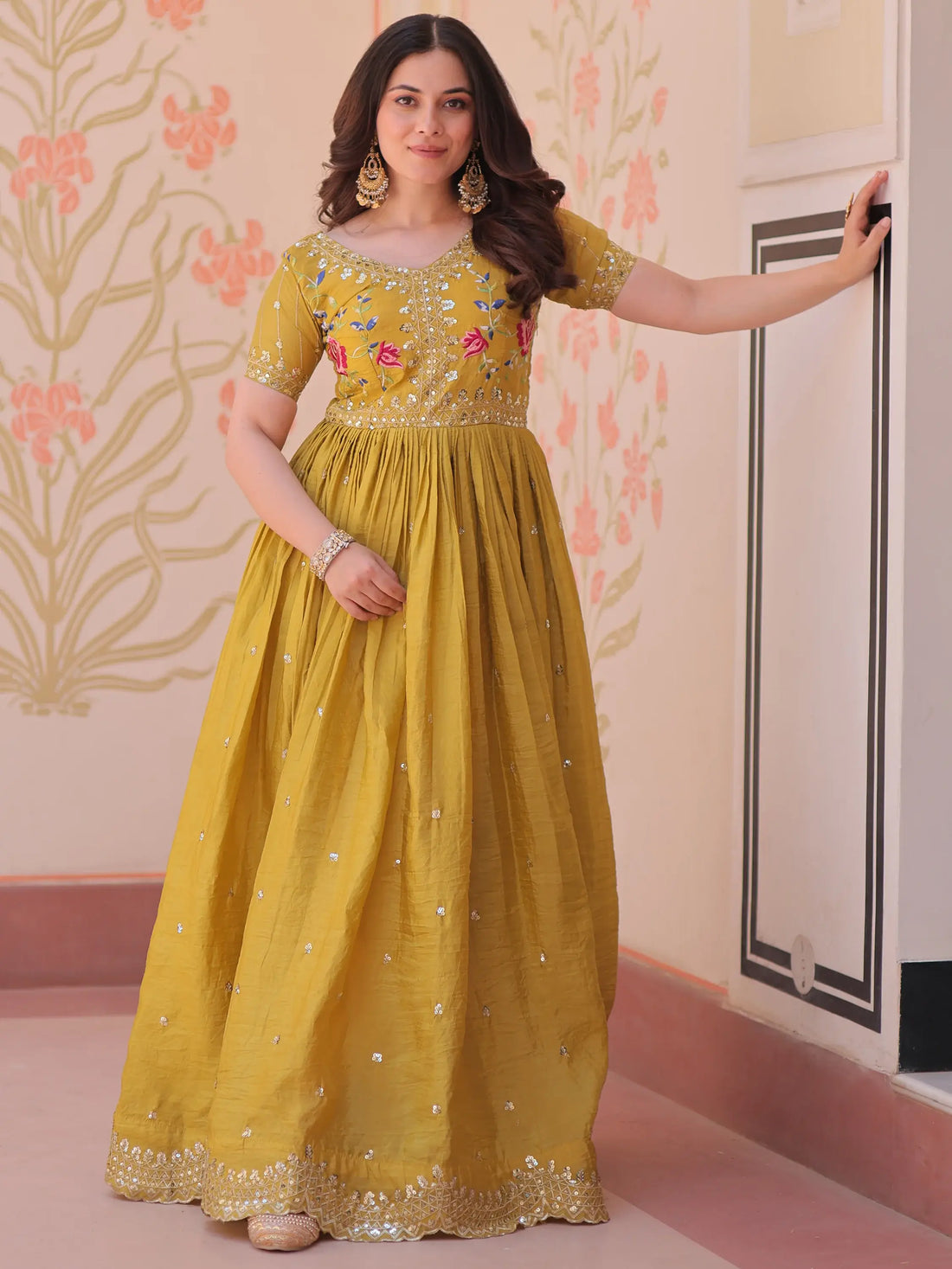 Incredible Mustard Yellow Sequins Chinon Event Wear Gown - Zeel Clothing