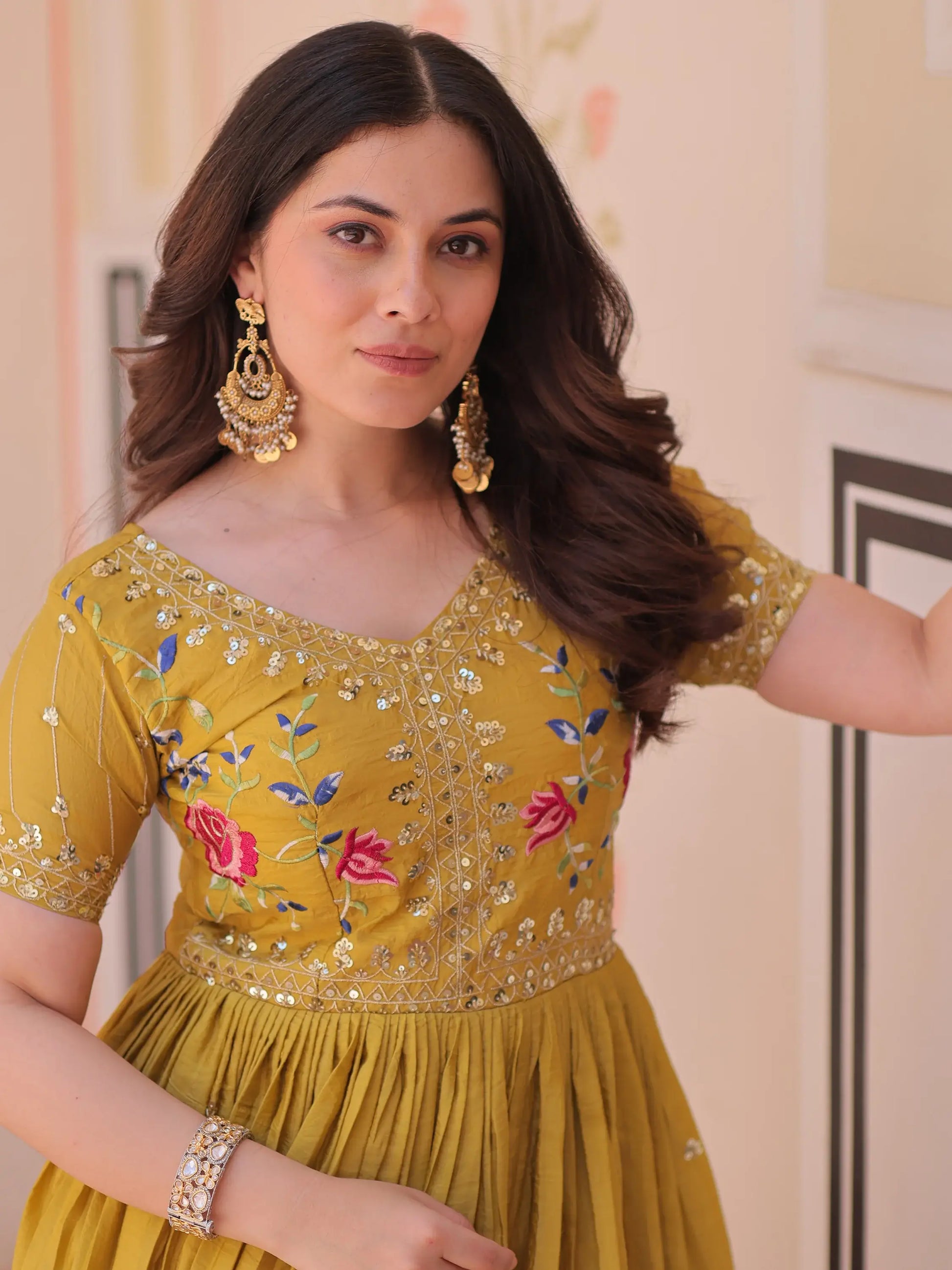 Incredible Mustard Yellow Sequins Chinon Event Wear Gown - Zeel Clothing