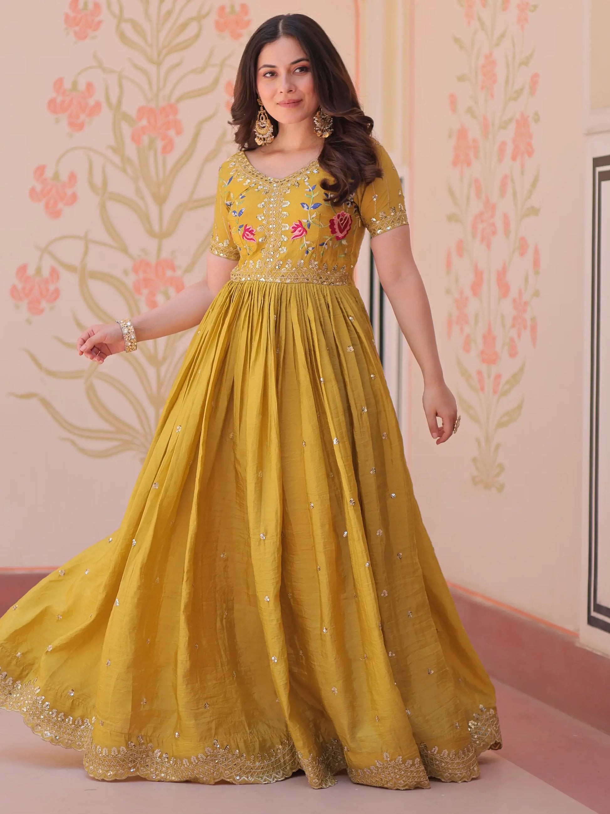 Incredible Mustard Yellow Sequins Chinon Event Wear Gown - Zeel Clothing