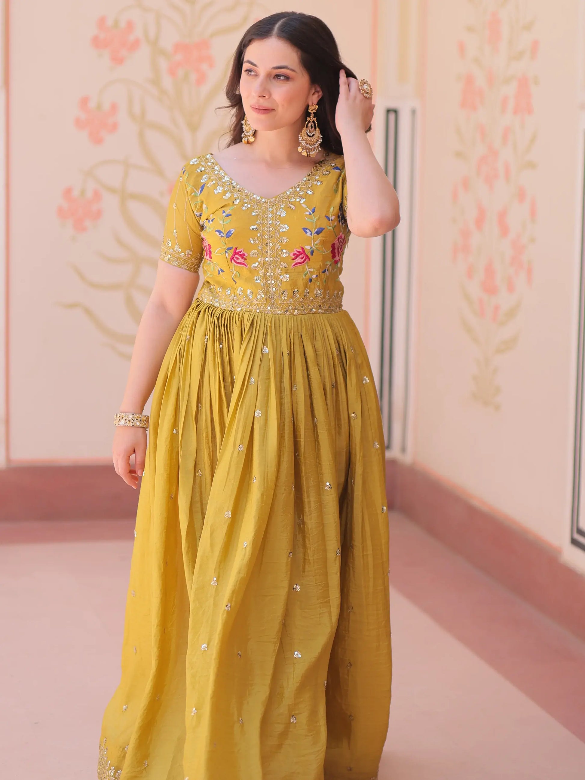 Incredible Mustard Yellow Sequins Chinon Event Wear Gown - Zeel Clothing